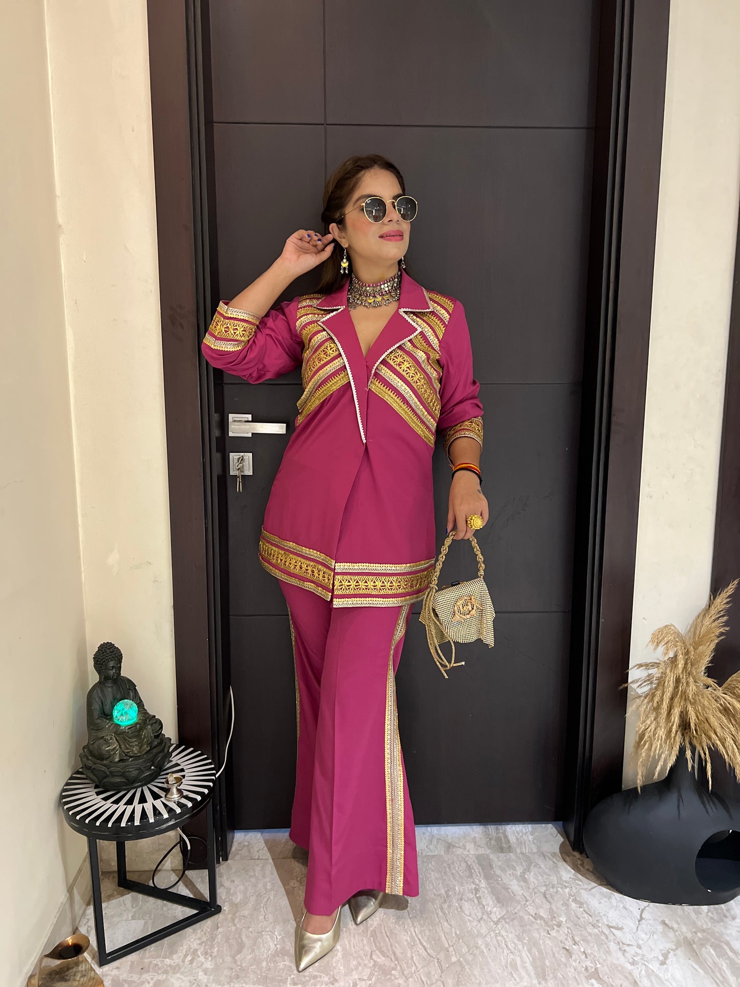 Inaya – Magenta Gold Lace Indo-Western Coat Set