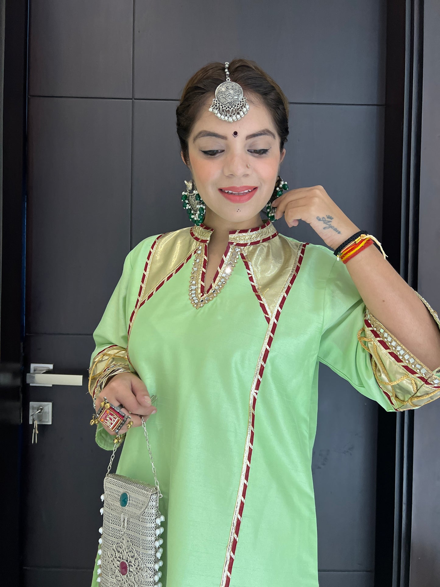 Royal Pista Tulip Set - Luxury Pista Silk Kurta Set with Handcrafted Embellishments and Statement Pants