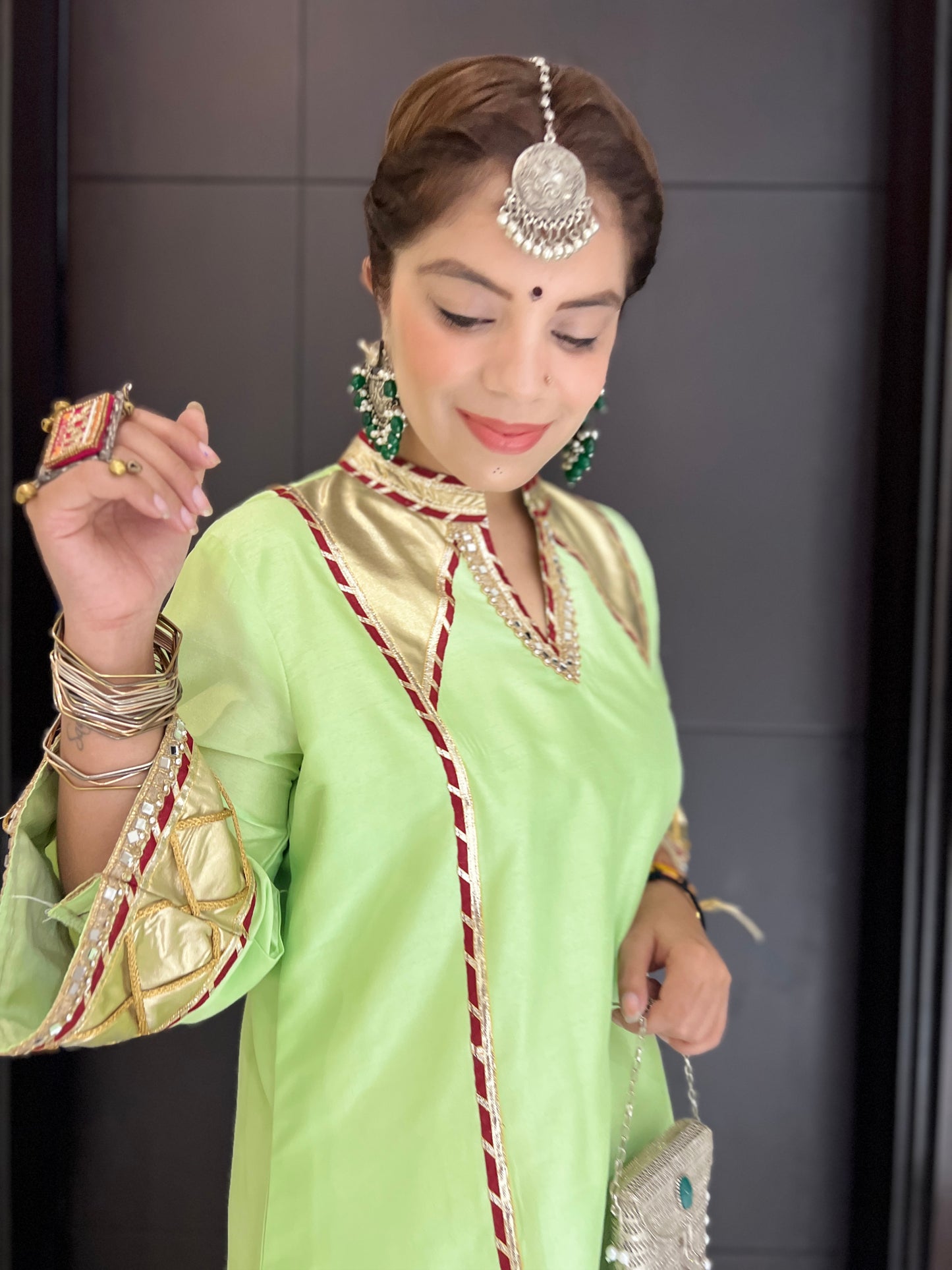Royal Pista Tulip Set - Luxury Pista Silk Kurta Set with Handcrafted Embellishments and Statement Pants