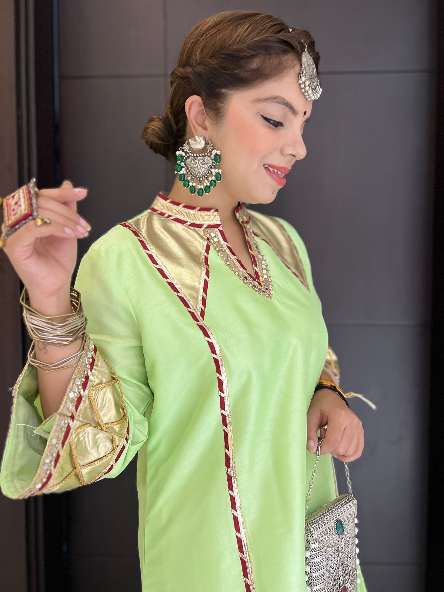 Royal Pista Tulip Set - Luxury Pista Silk Kurta Set with Handcrafted Embellishments and Statement Pants