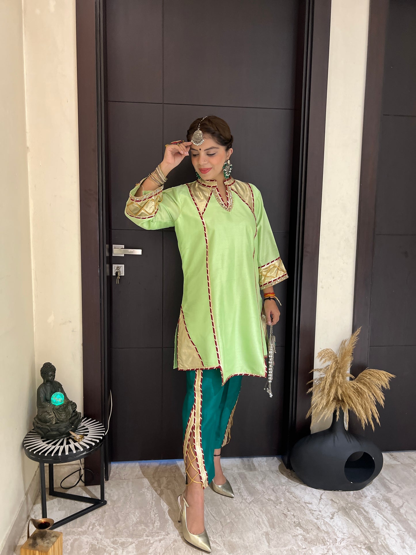 Royal Pista Tulip Set - Luxury Pista Silk Kurta Set with Handcrafted Embellishments and Statement Pants