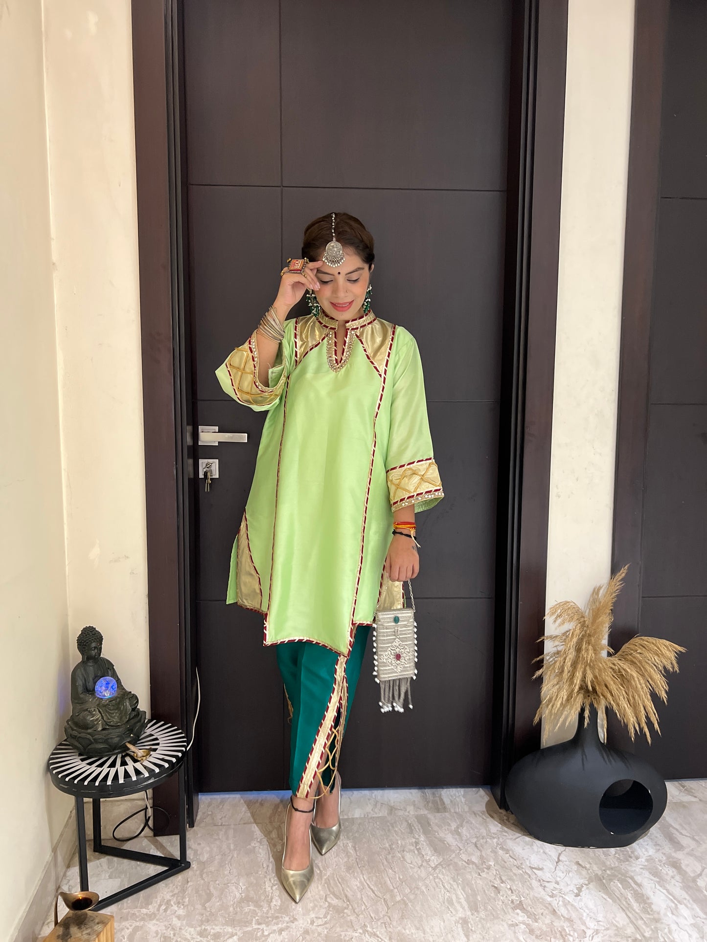 Royal Pista Tulip Set - Luxury Pista Silk Kurta Set with Handcrafted Embellishments and Statement Pants