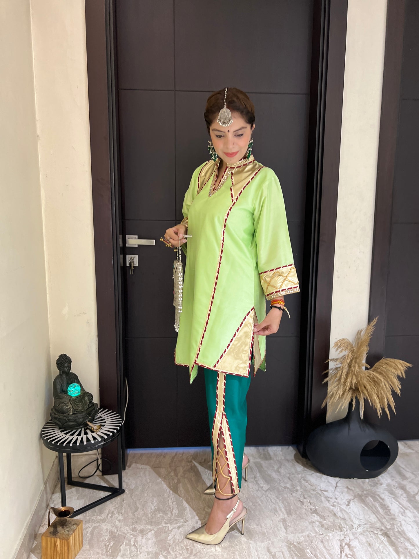 Royal Pista Tulip Set - Luxury Pista Silk Kurta Set with Handcrafted Embellishments and Statement Pants