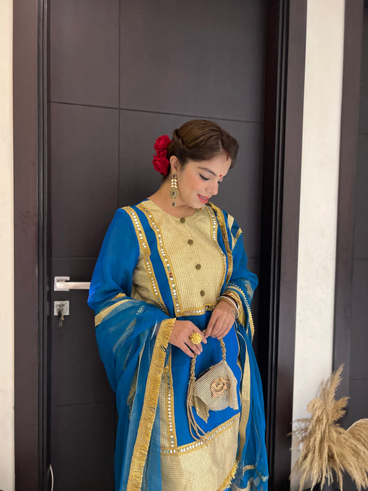 RAJWADA BLUE - Blue Suit Set with Golden Work & Organza Dupatta.