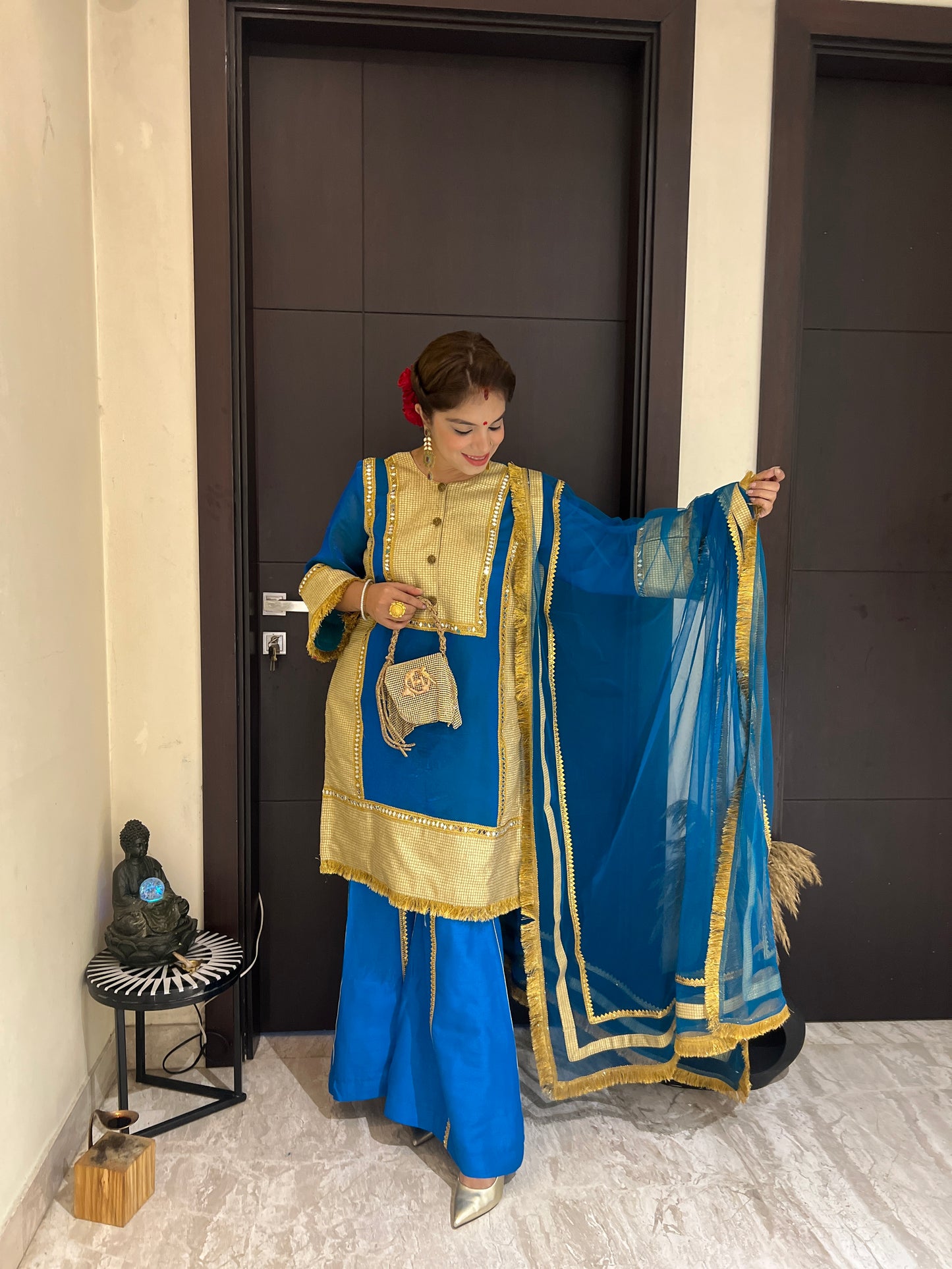 Rajwada Blue - Traditional Royal Blue Suit Set with Golden Work & Organza Dupatta.