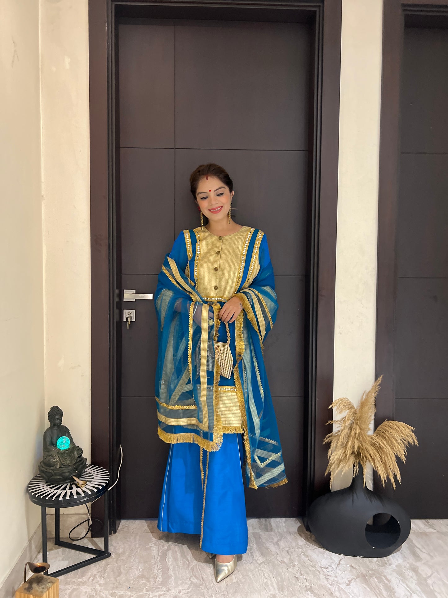 Rajwada Blue - Traditional Royal Blue Suit Set with Golden Work & Organza Dupatta.