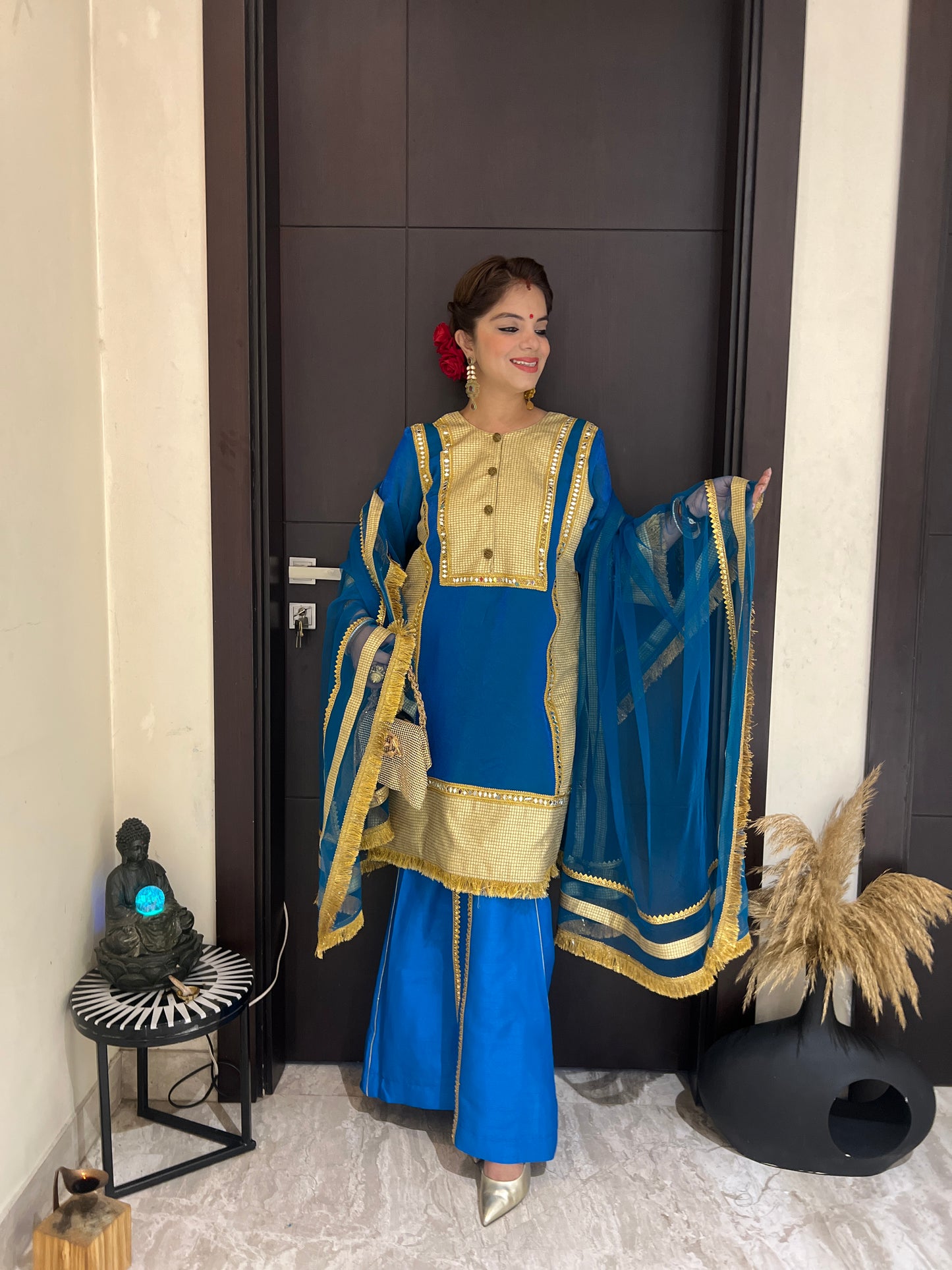 Rajwada Blue - Traditional Royal Blue Suit Set with Golden Work & Organza Dupatta.