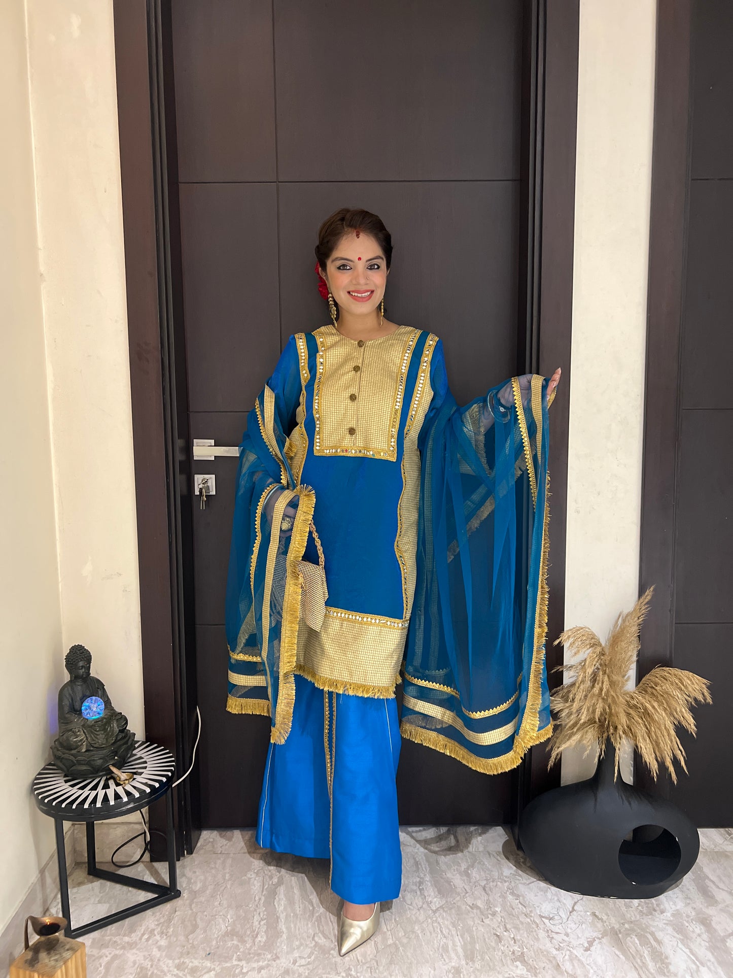Rajwada Blue - Traditional Royal Blue Suit Set with Golden Work & Organza Dupatta.