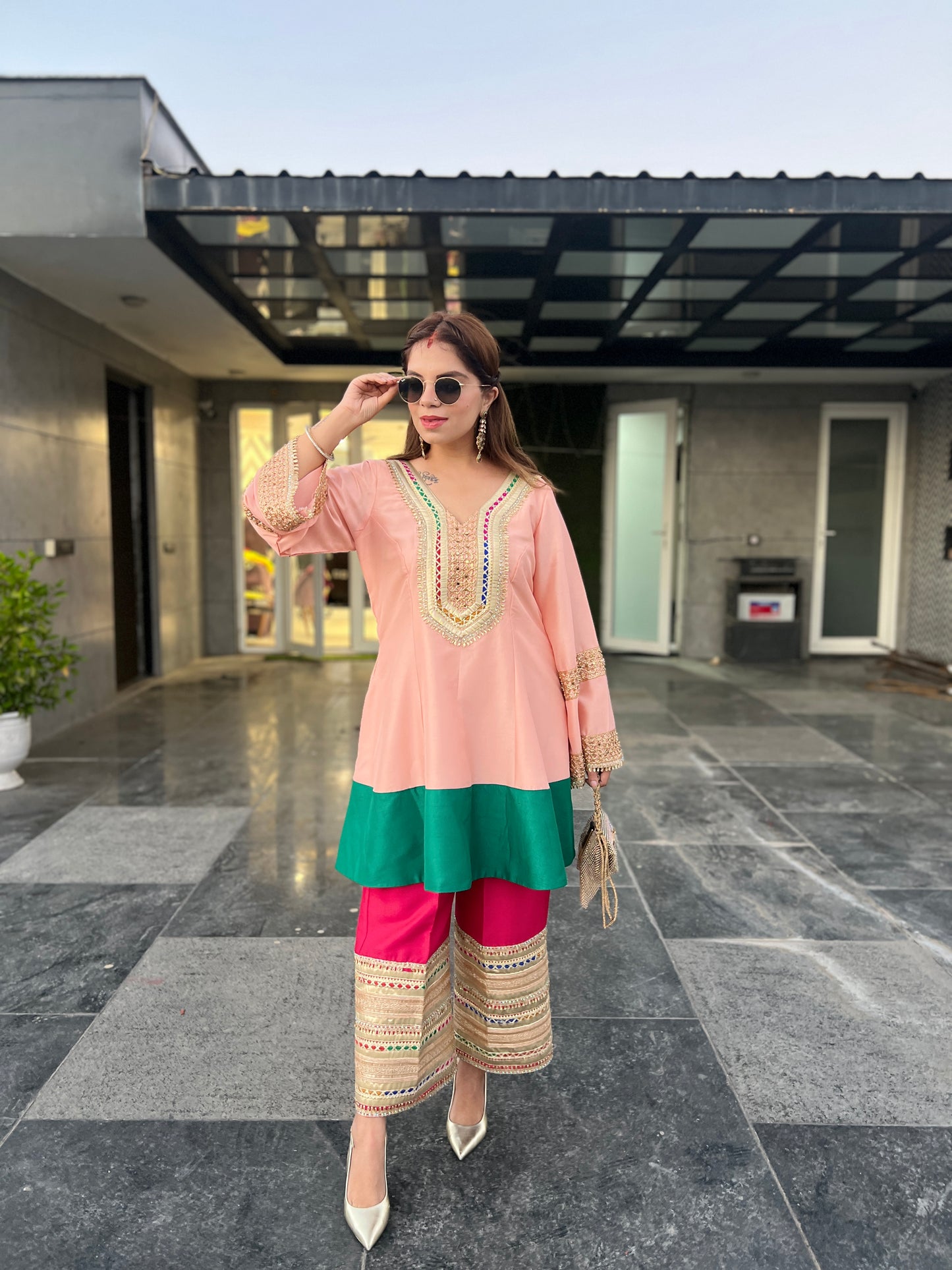 Avni-Luxury Croma Silk Peplum Kurti with lacy pants for Festive Occasions