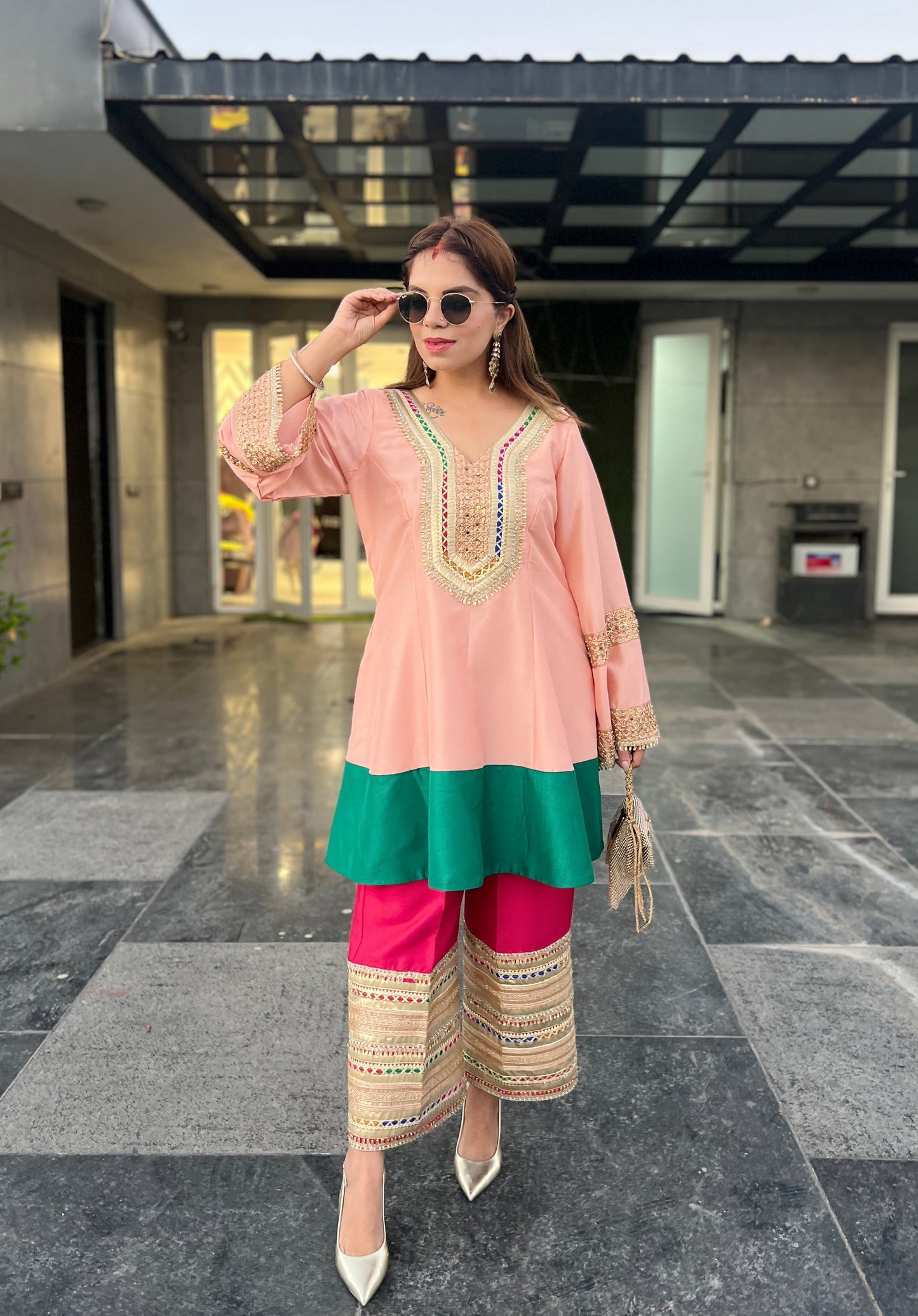 RANG RASIYA - Peach Colour Block Embroidered Kurta & Palazzo Set