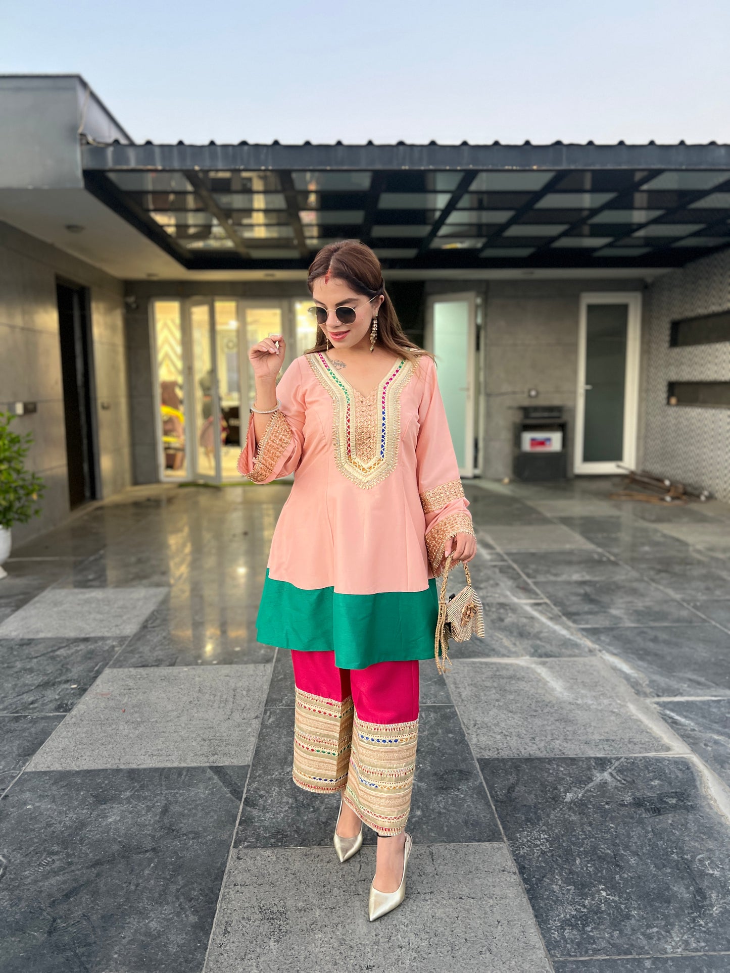Avni-Luxury Croma Silk Peplum Kurti with lacy pants for Festive Occasions