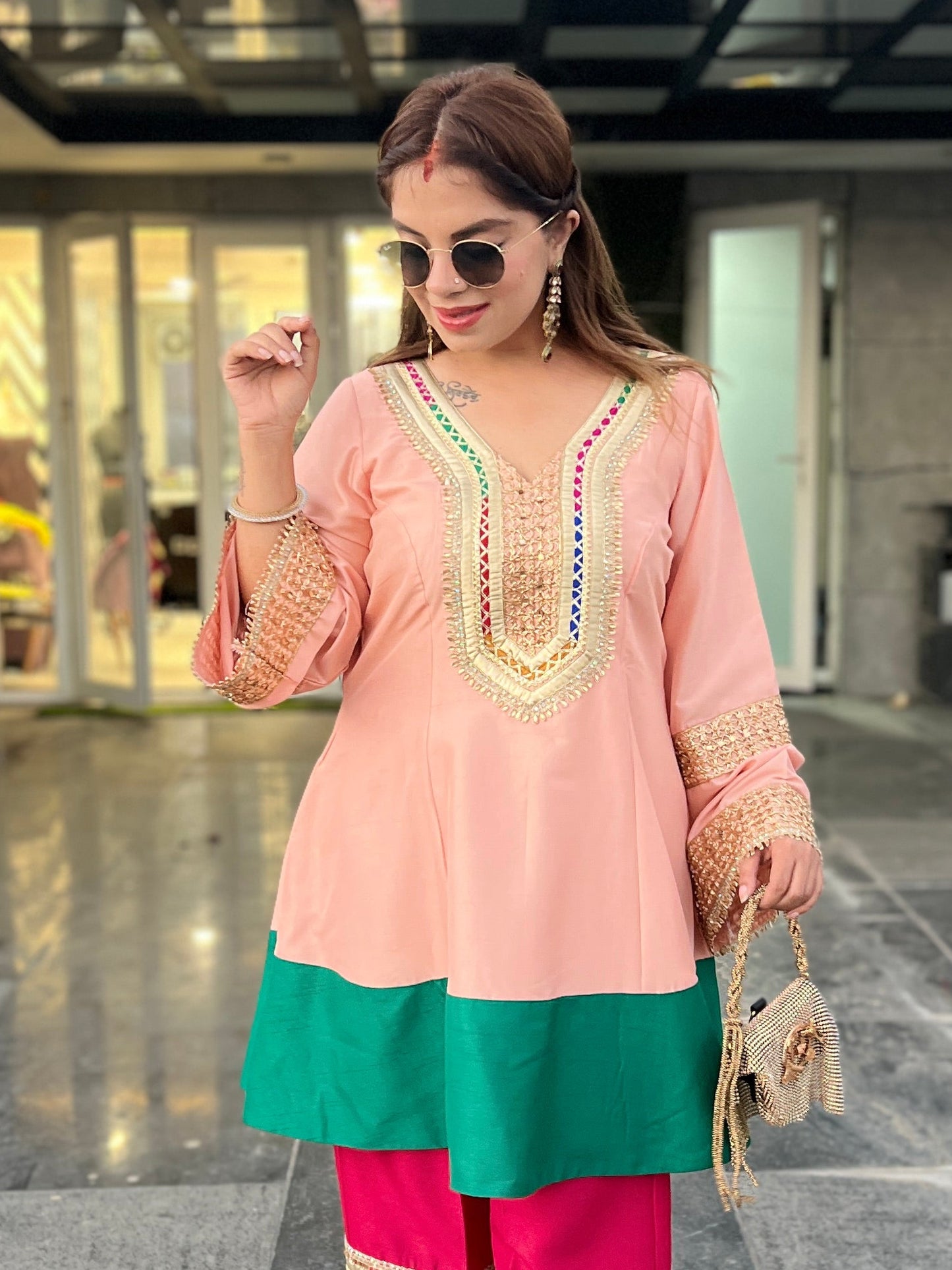 RANG RASIYA - Peach Colour Block Embroidered Kurta & Palazzo Set