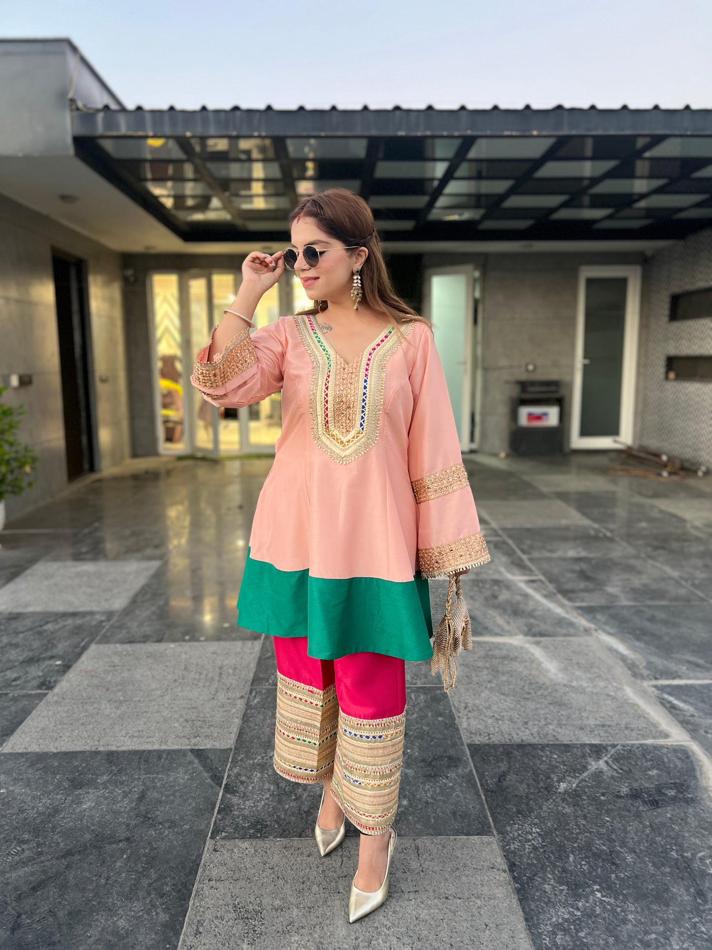 Avni-Luxury Croma Silk Peplum Kurti with lacy pants for Festive Occasions