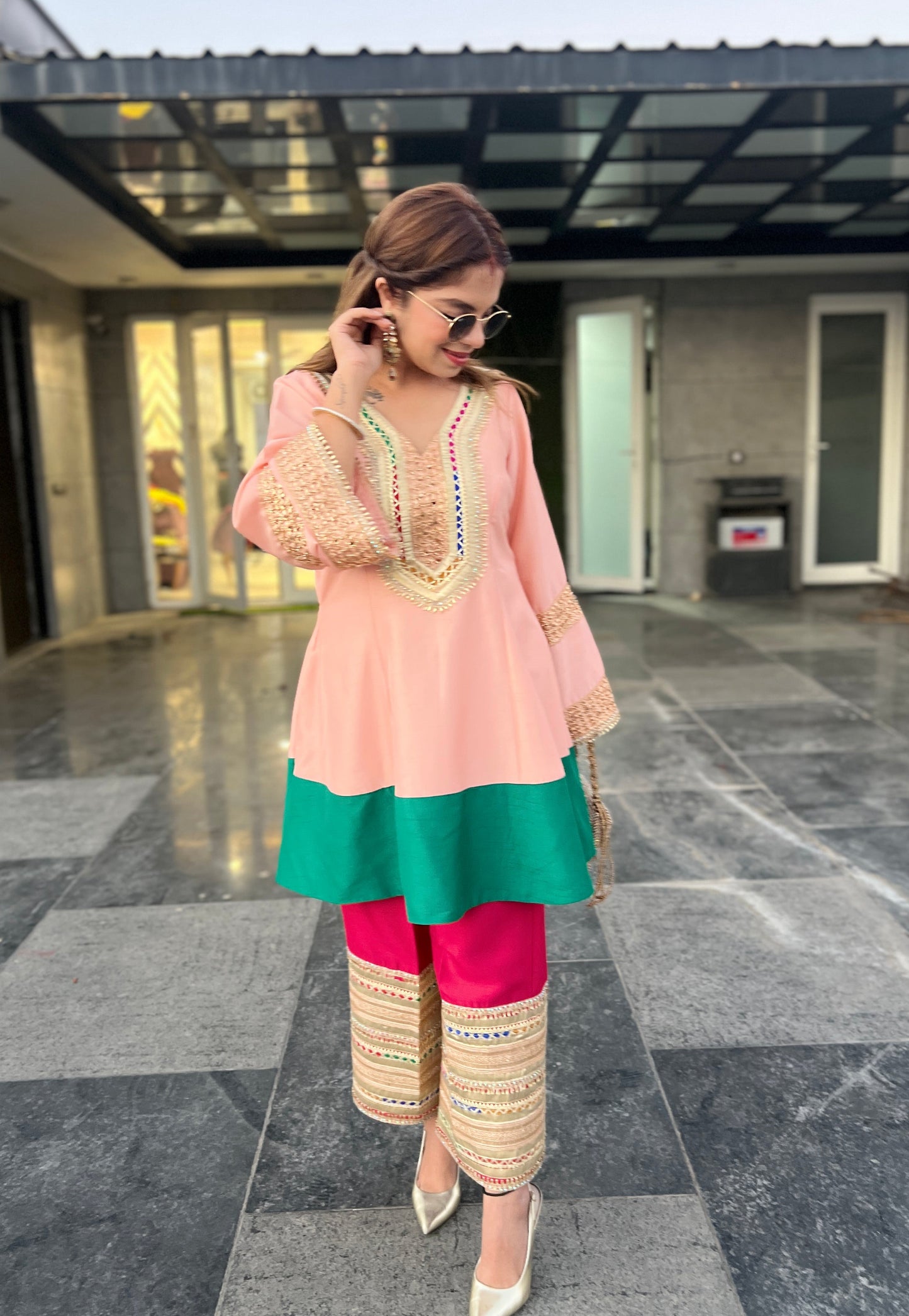 RANG RASIYA - Peach Colour Block Embroidered Kurta & Palazzo Set