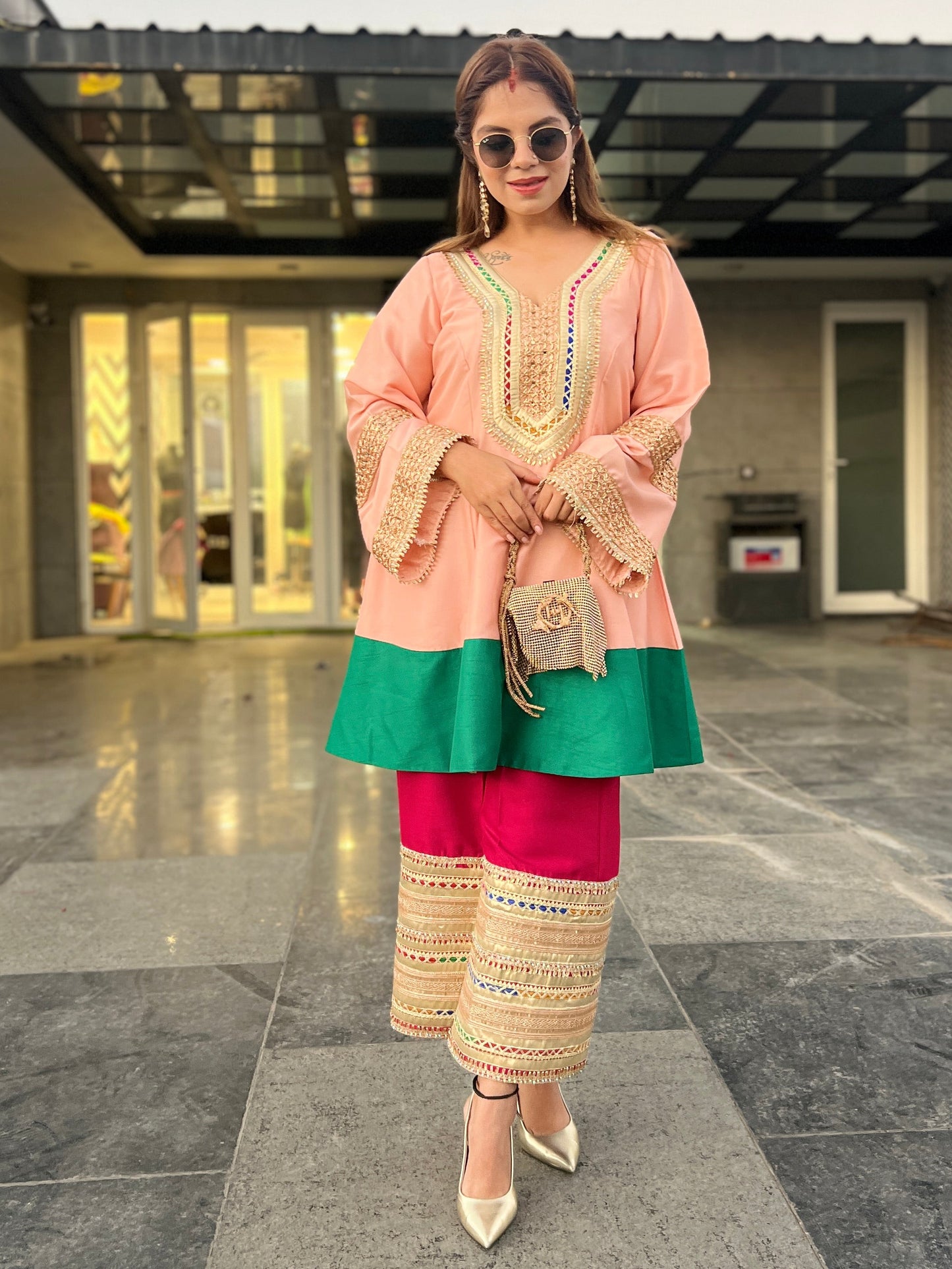 RANG RASIYA - Peach Colour Block Embroidered Kurta & Palazzo Set
