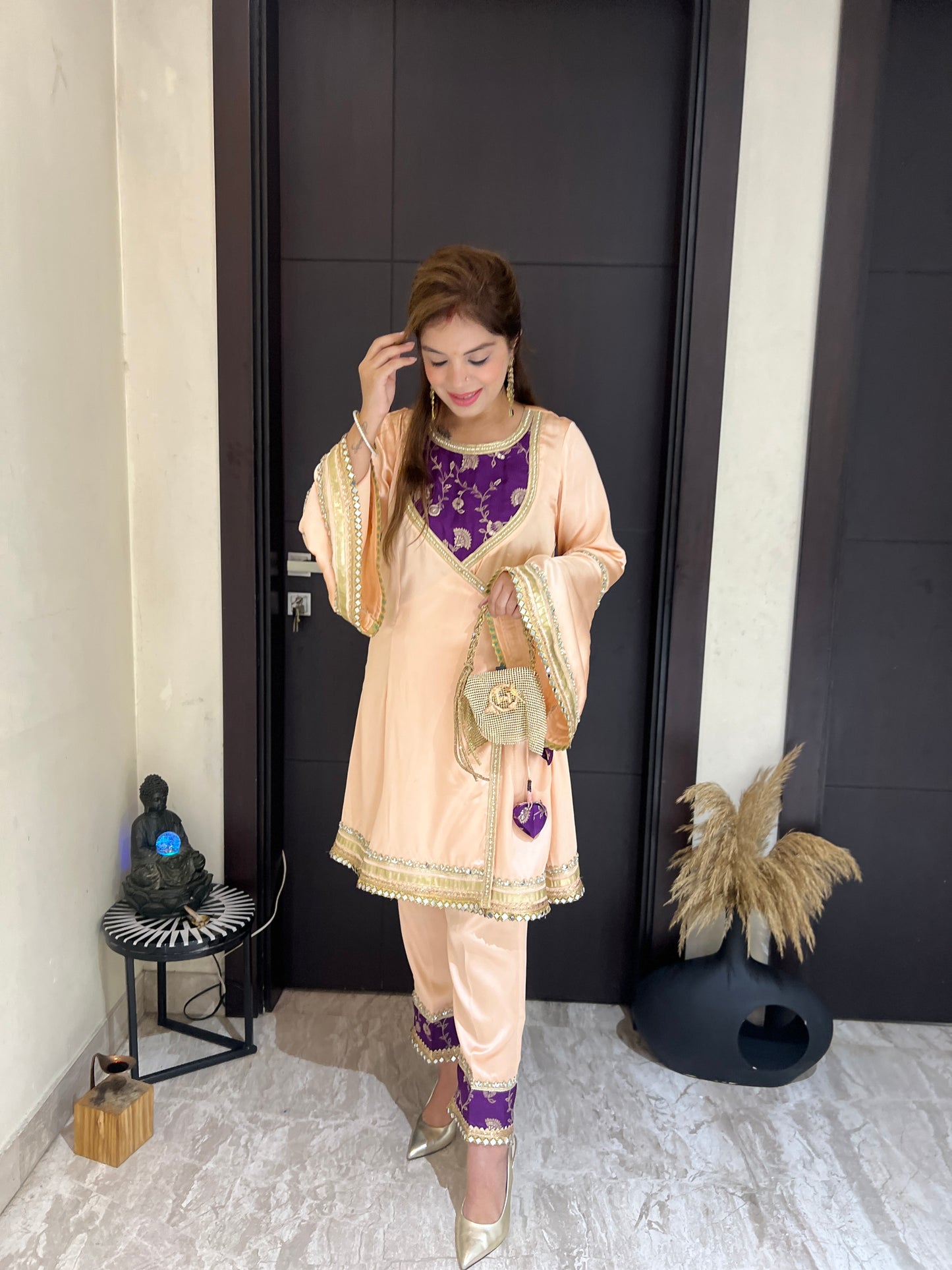 Apsara -  Elegant Peach Angrakha Suit for Party & Wedding Occasions