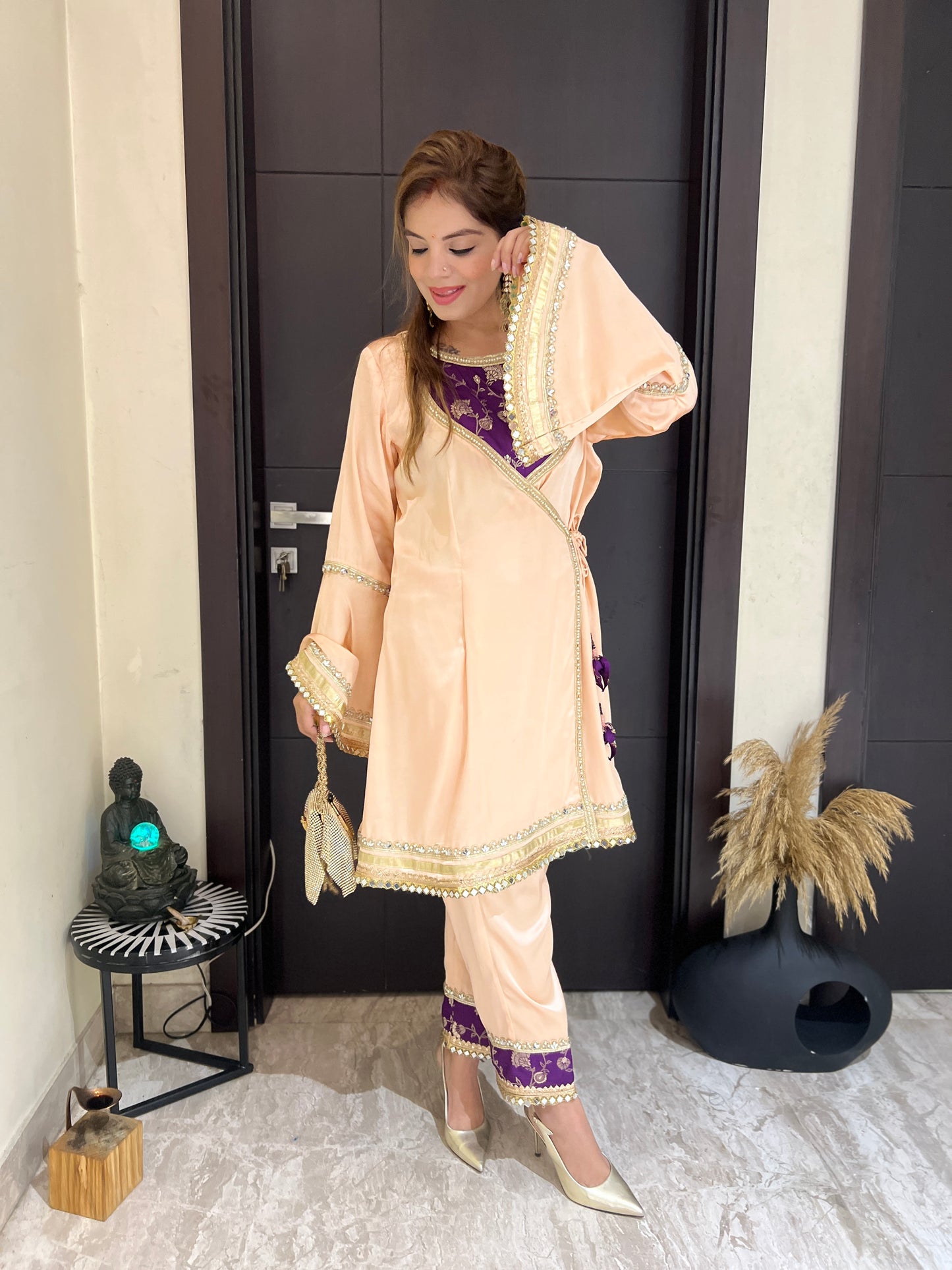 Apsara -  Elegant Peach Angrakha Suit for Party & Wedding Occasions