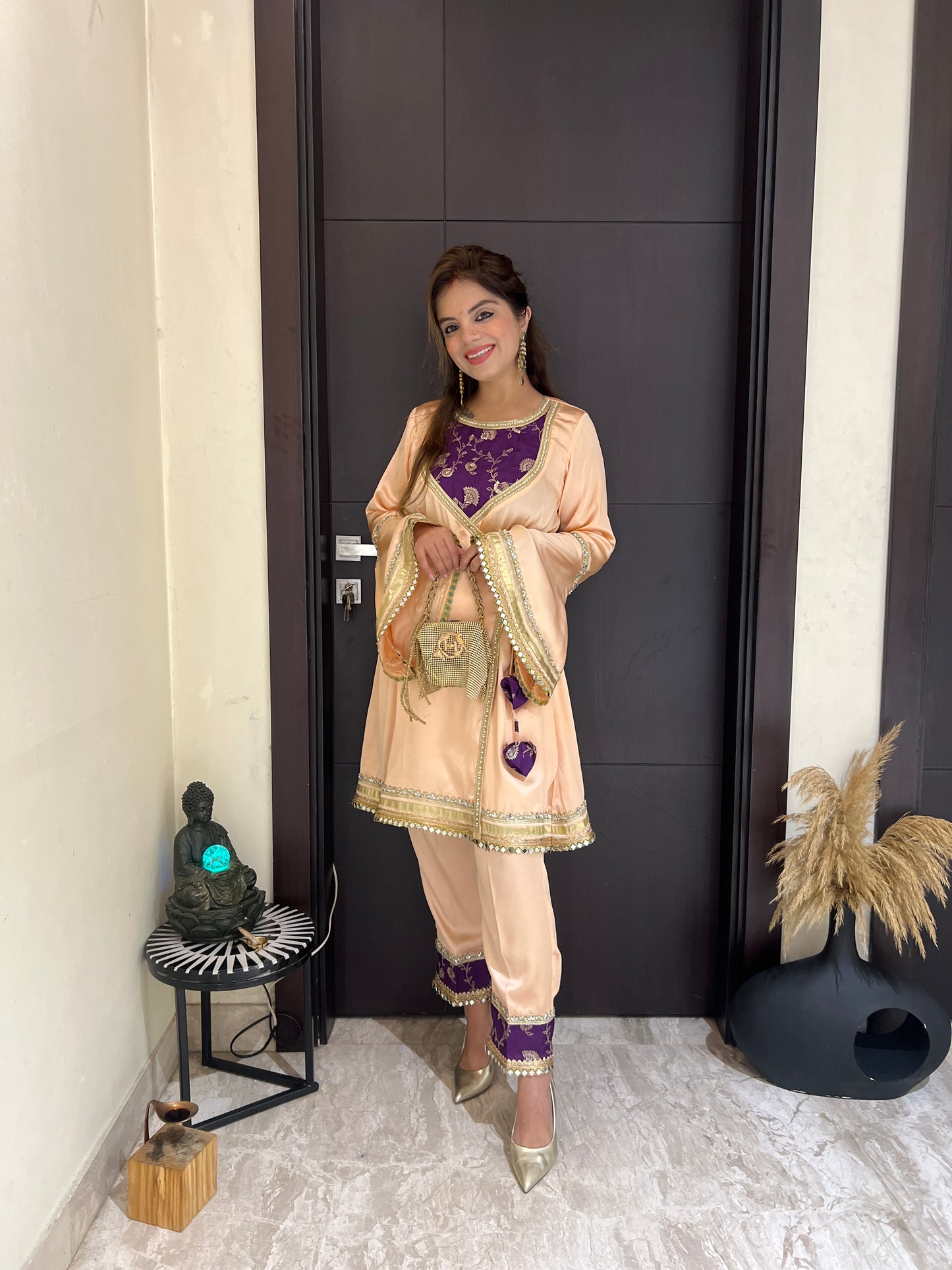 Apsara -  Elegant Peach Angrakha Suit for Party & Wedding Occasions