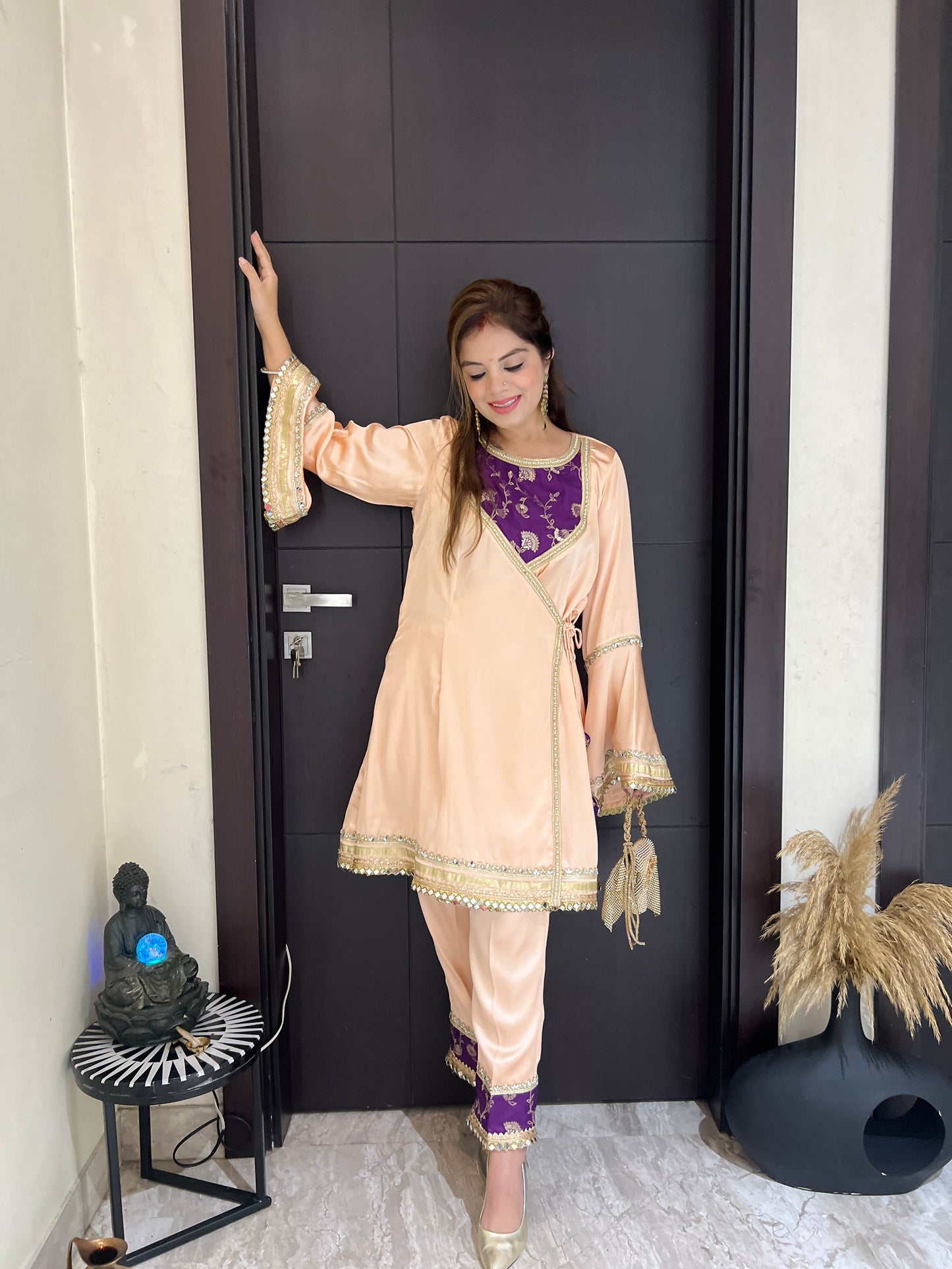 Apsara -  Elegant Peach Angrakha Suit for Party & Wedding Occasions