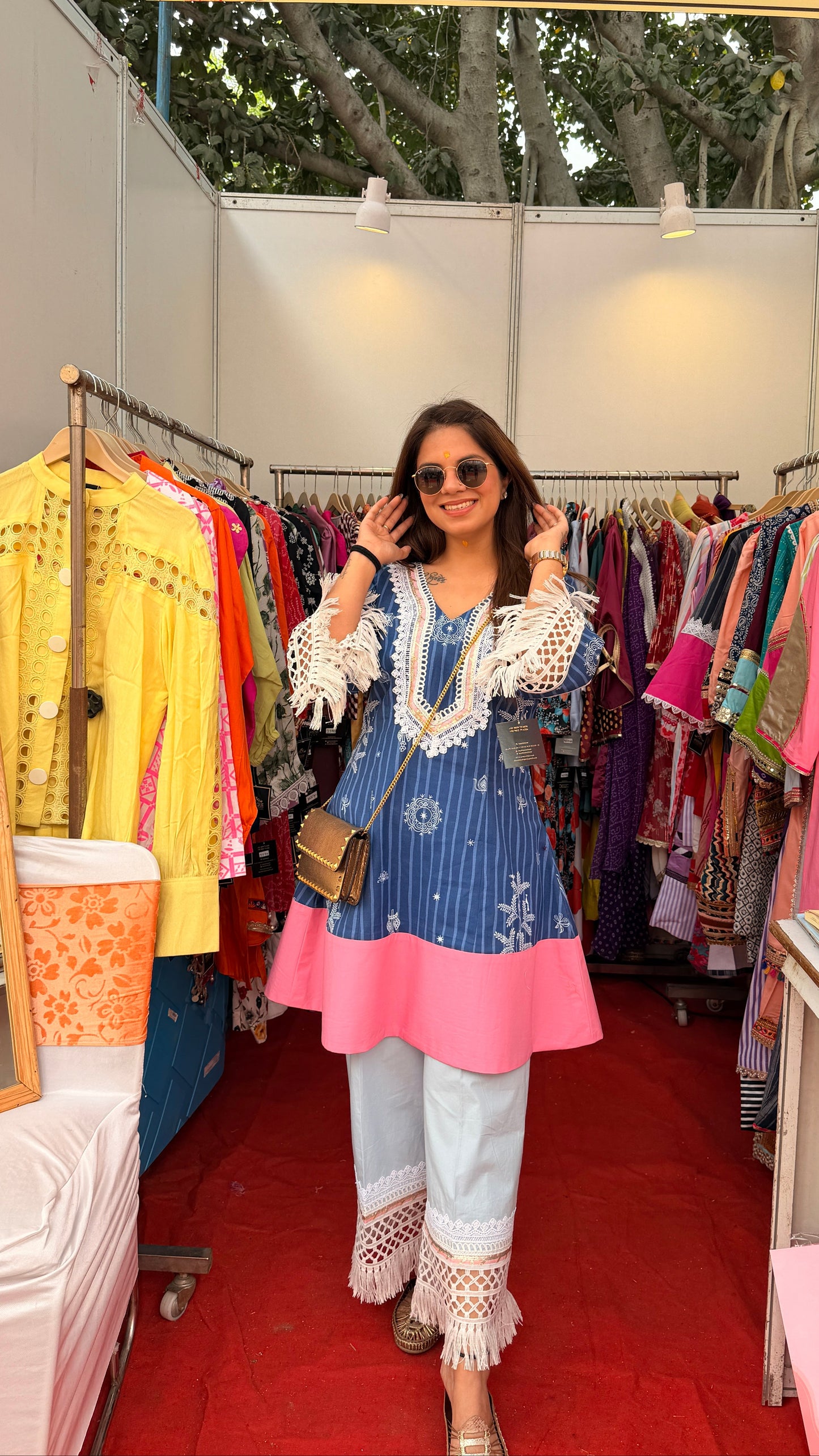 Boho Noor Coord Set - Blue Denim Cotton Kurta Set with Lace Detailing & Statement Fringe Pants