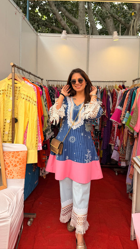 Boho Noor Coord Set - Blue Denim Cotton Kurta Set with Lace Detailing & Statement Fringe Pants