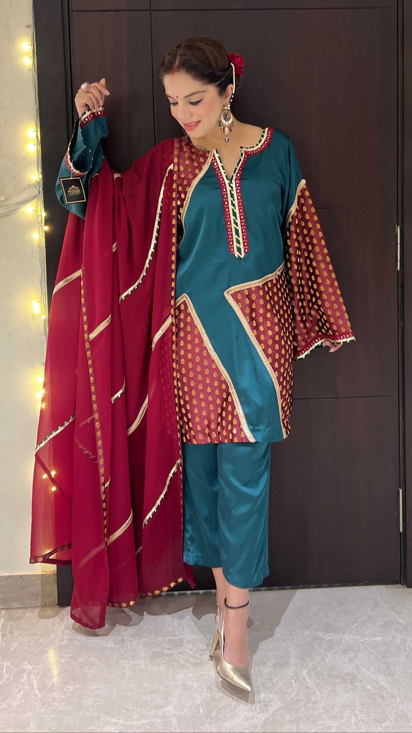 Ishya - Teal Kurta Pant Set with Contrasting Maroon Dupatta.