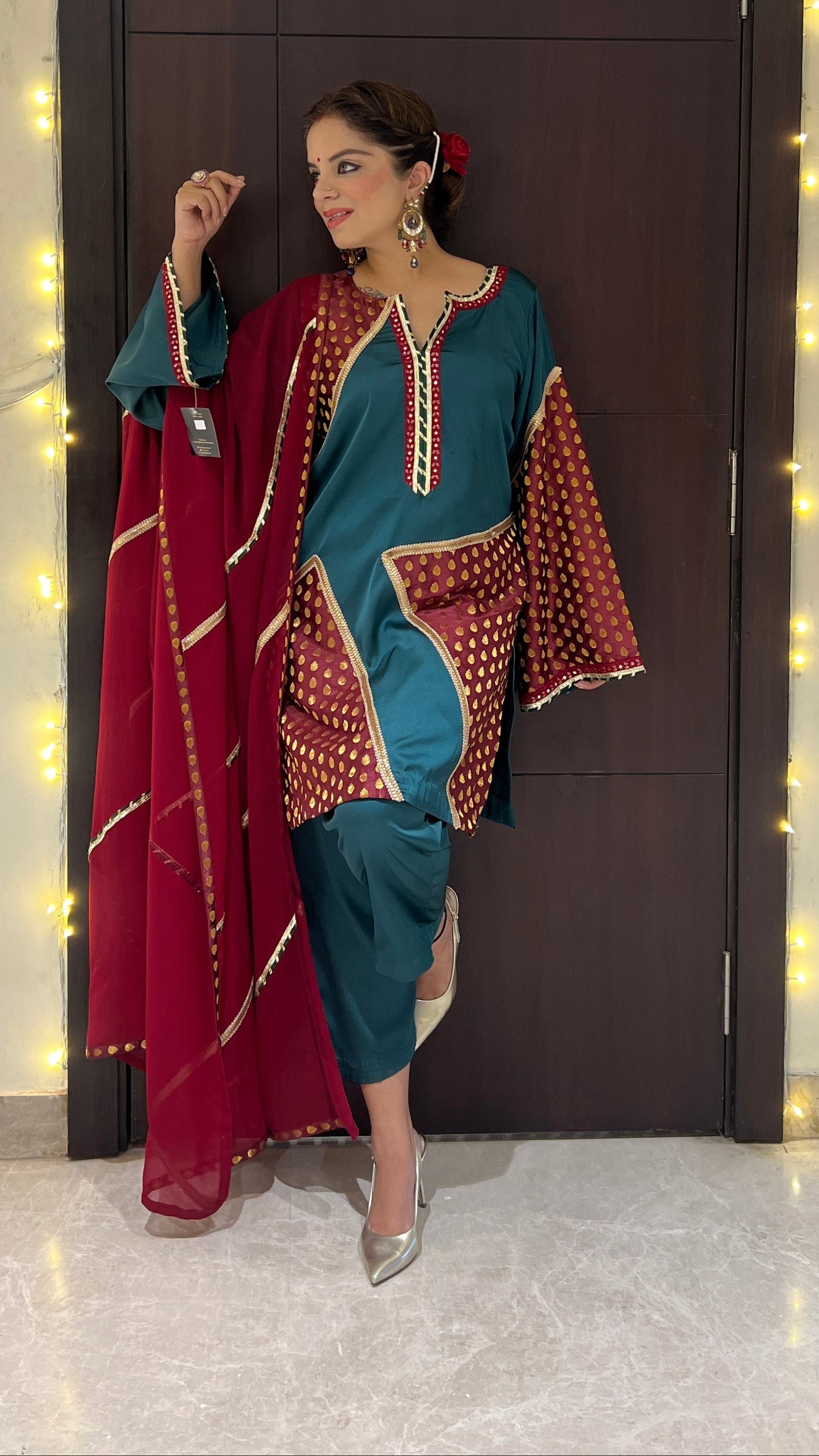 Ishya - Teal Kurta Pant Set with Contrasting Maroon Dupatta.
