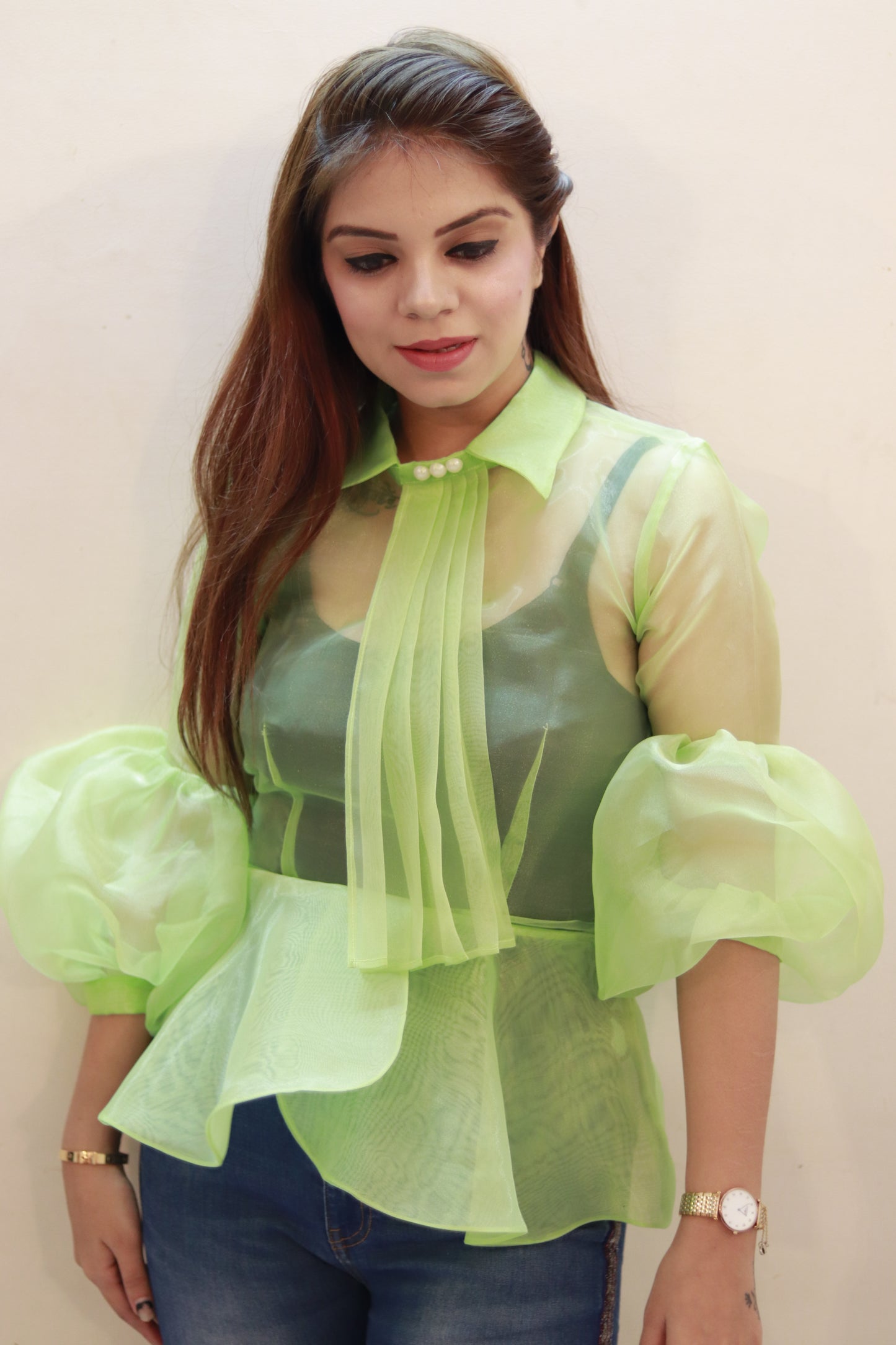 Lime Muse Organza Peplum Top for Women | Sheer Puff Sleeve Designer Top | Mystique Closet