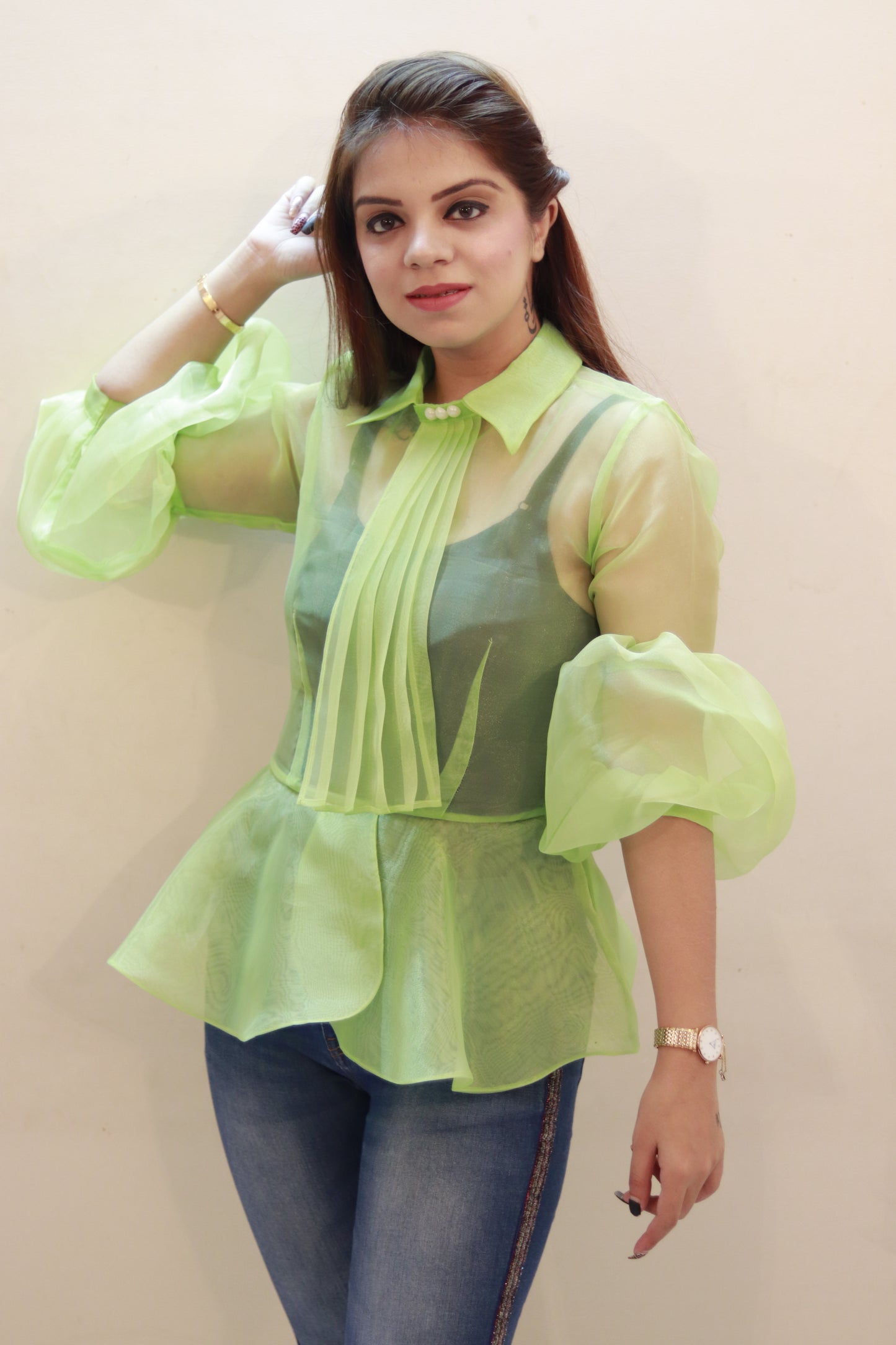 Lime Muse Organza Peplum Top for Women | Sheer Puff Sleeve Designer Top | Mystique Closet