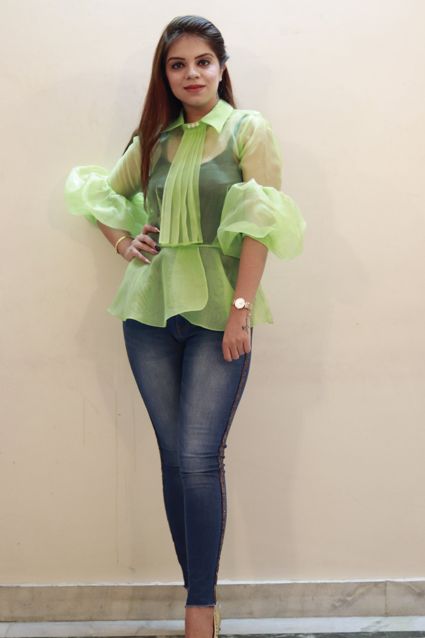 Lime Muse Organza Peplum Top for Women | Sheer Puff Sleeve Designer Top | Mystique Closet