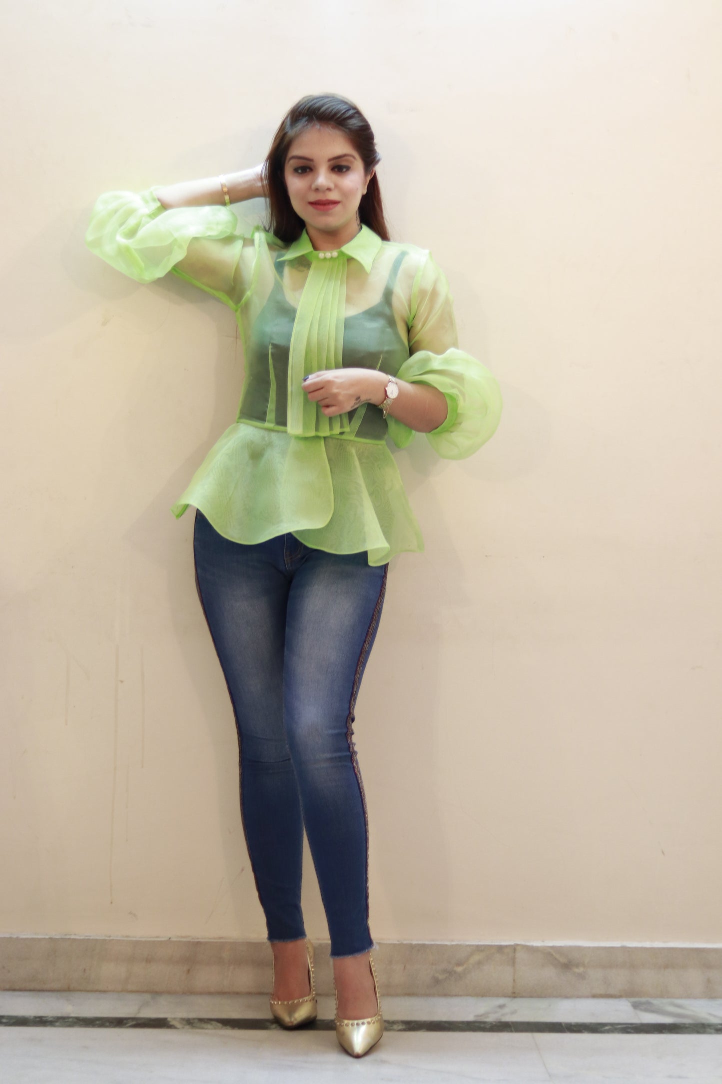 Lime Muse Organza Peplum Top for Women | Sheer Puff Sleeve Designer Top | Mystique Closet
