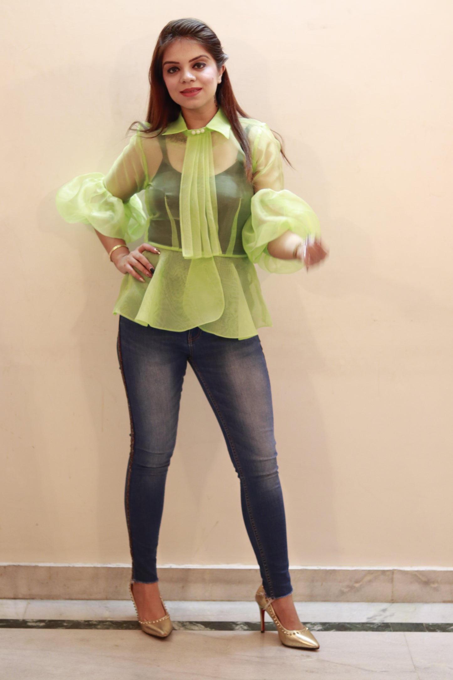 Lime Muse Organza Peplum Top for Women | Sheer Puff Sleeve Designer Top | Mystique Closet