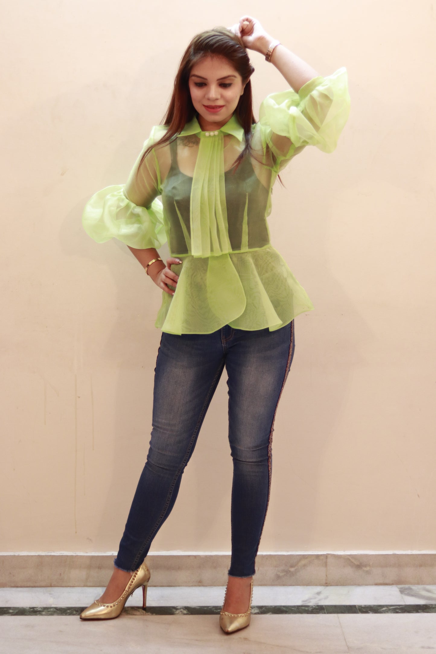Lime Muse Organza Peplum Top for Women | Sheer Puff Sleeve Designer Top | Mystique Closet