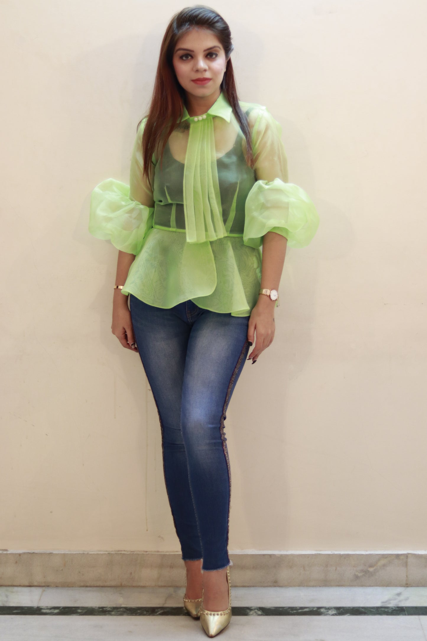 Lime Muse Organza Peplum Top for Women | Sheer Puff Sleeve Designer Top | Mystique Closet
