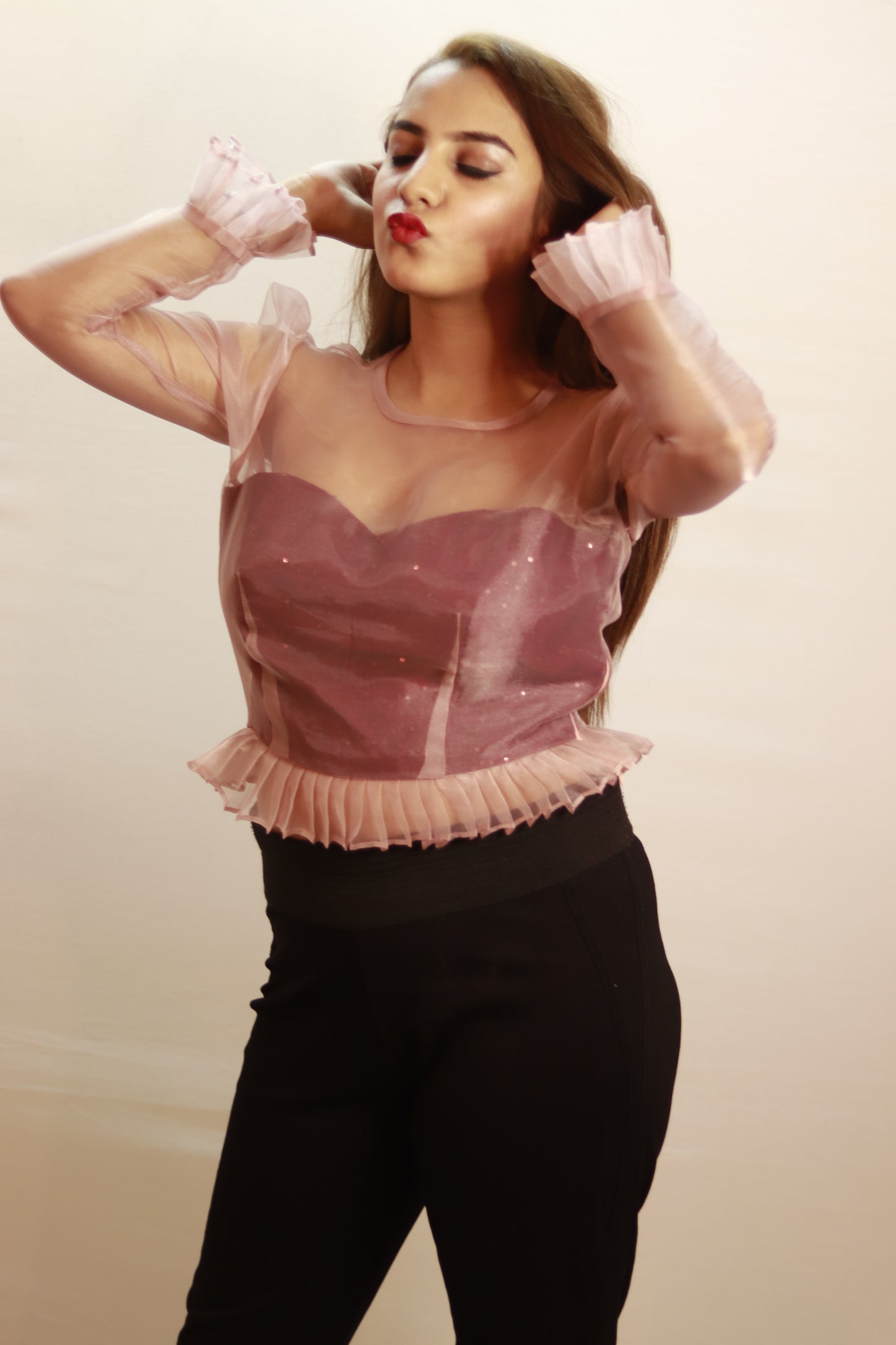 Blush Soirée Organza Corset Top with Sheer Puff Sleeves