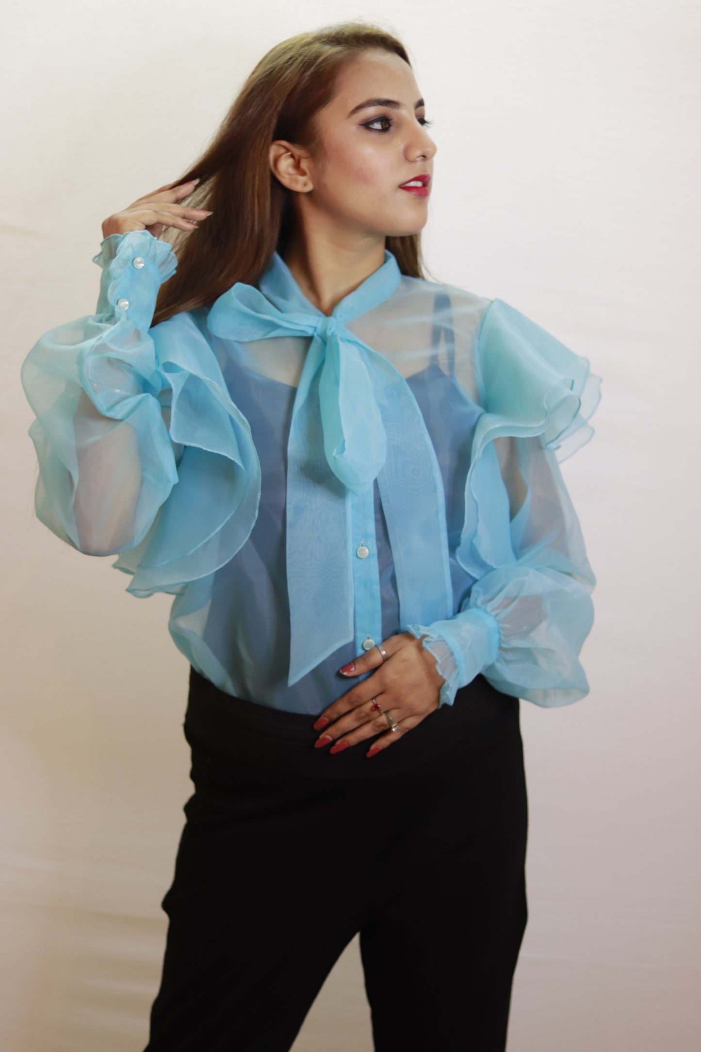 Sky Whisper Organza Bow Top with Layered Ruffle Sleeves