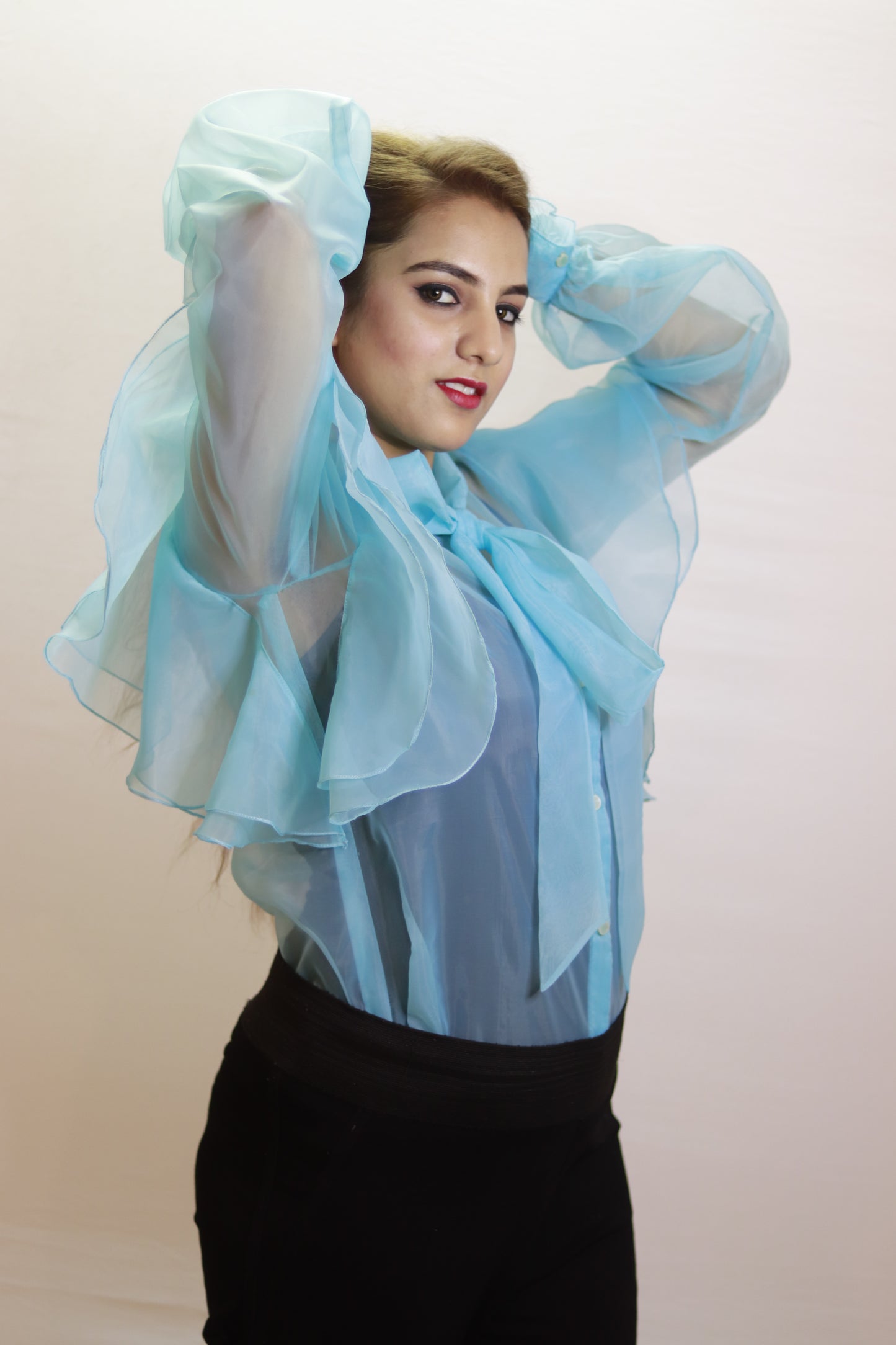 Sky Whisper Organza Bow Top with Layered Ruffle Sleeves