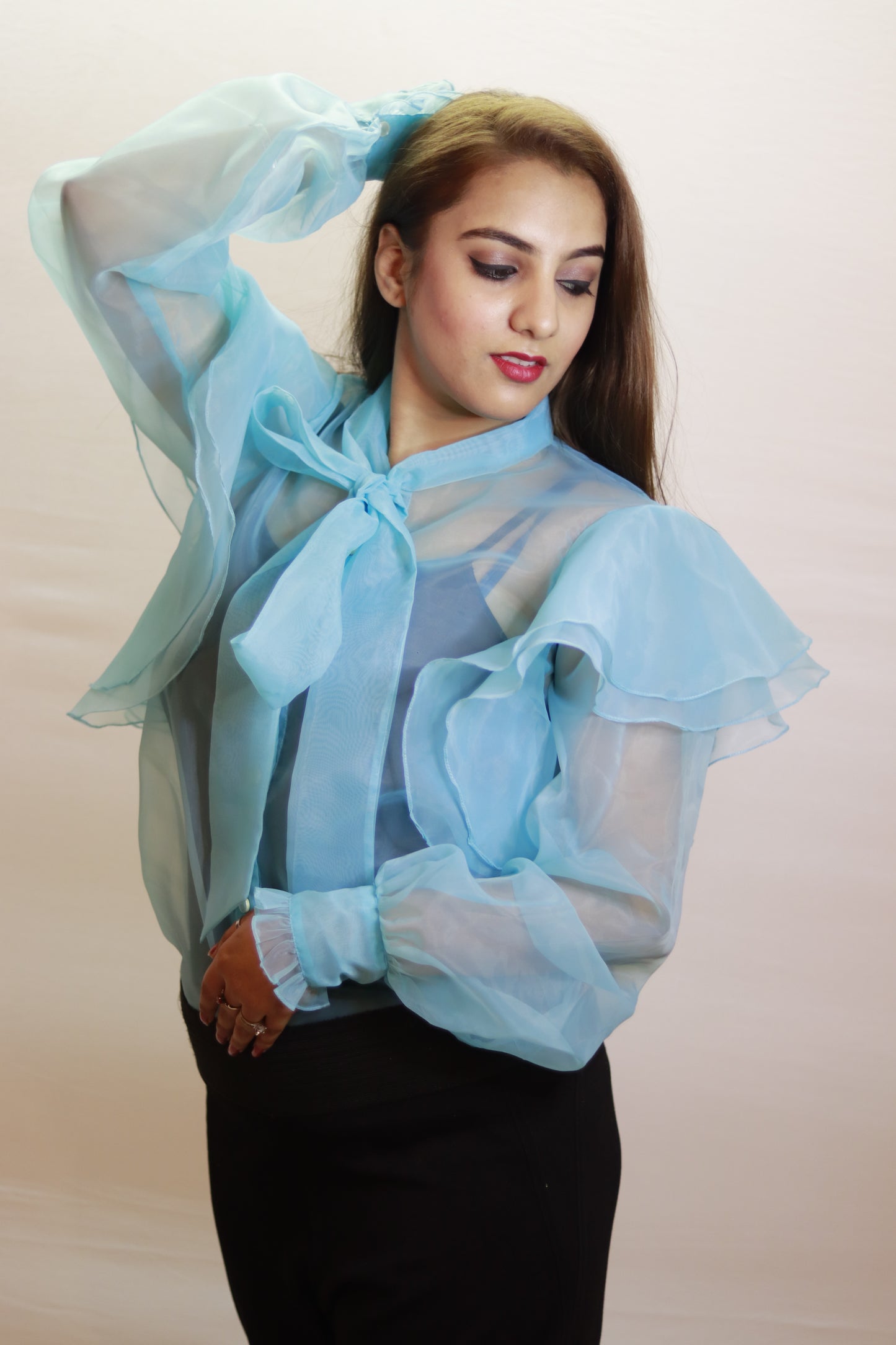 Sky Whisper Organza Bow Top with Layered Ruffle Sleeves