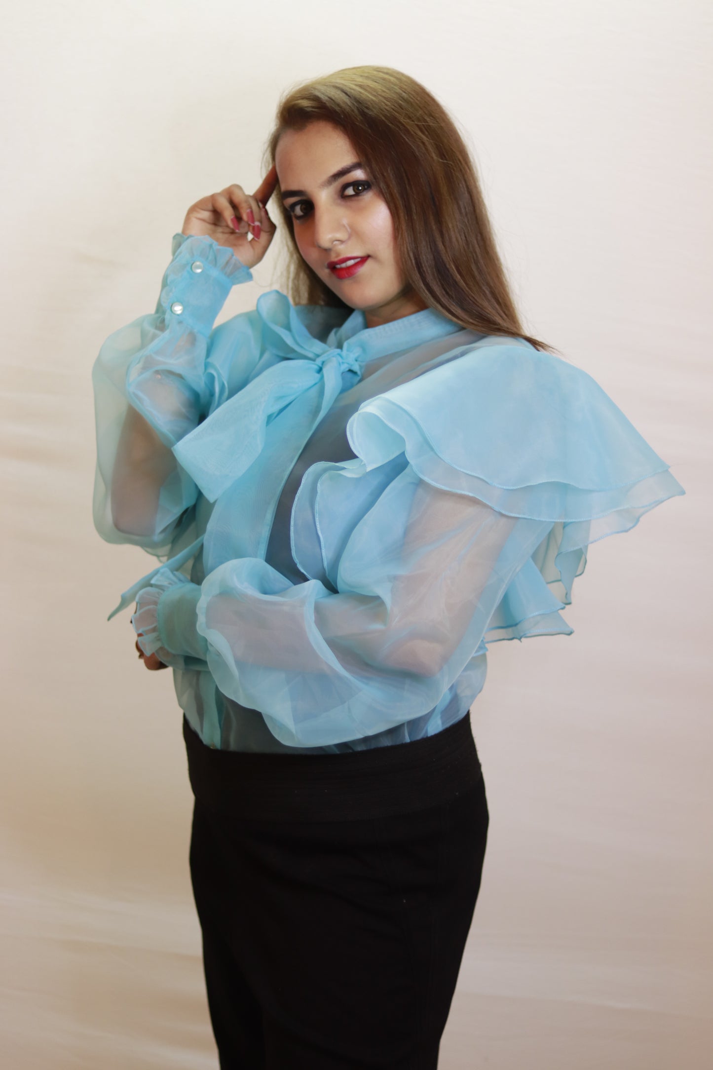 Sky Whisper Organza Bow Top with Layered Ruffle Sleeves