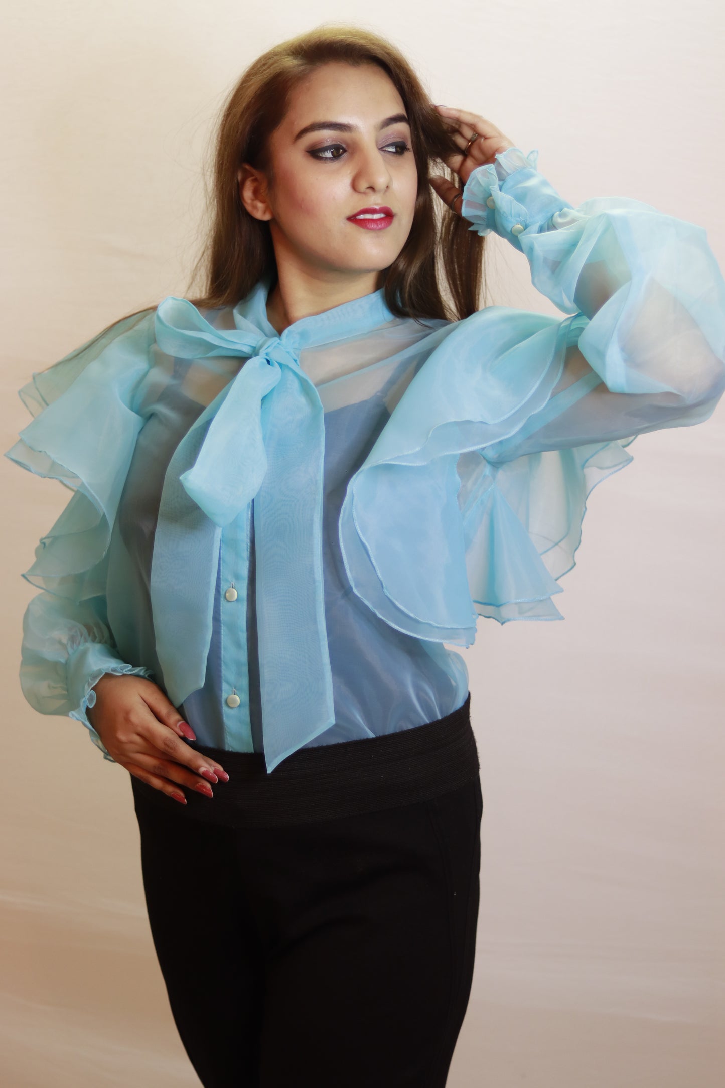 Sky Whisper Organza Bow Top with Layered Ruffle Sleeves