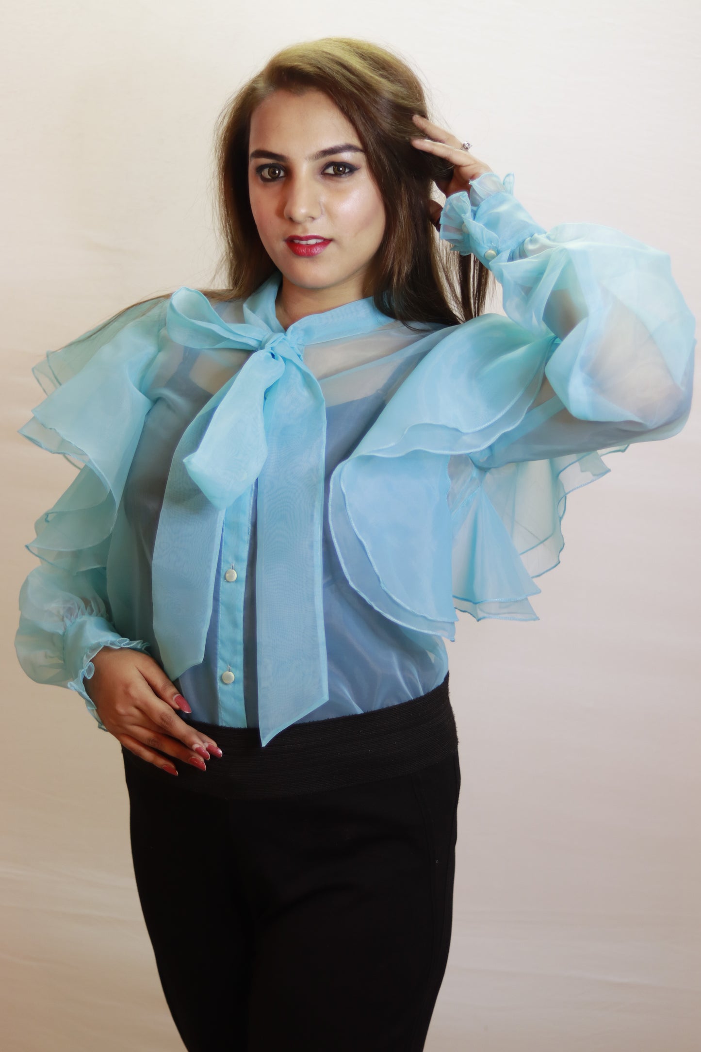 Sky Whisper Organza Bow Top with Layered Ruffle Sleeves