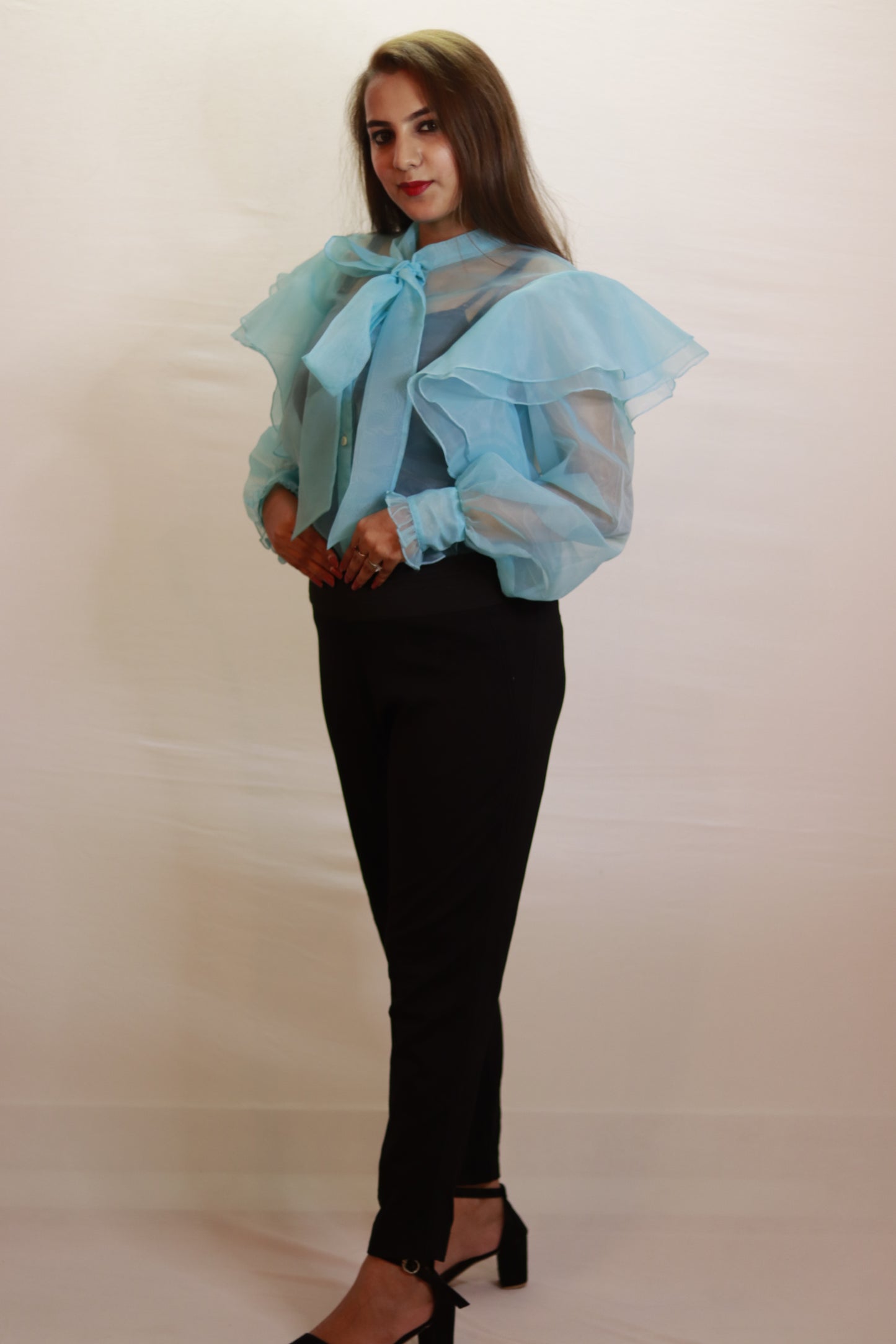 Sky Whisper Organza Bow Top with Layered Ruffle Sleeves