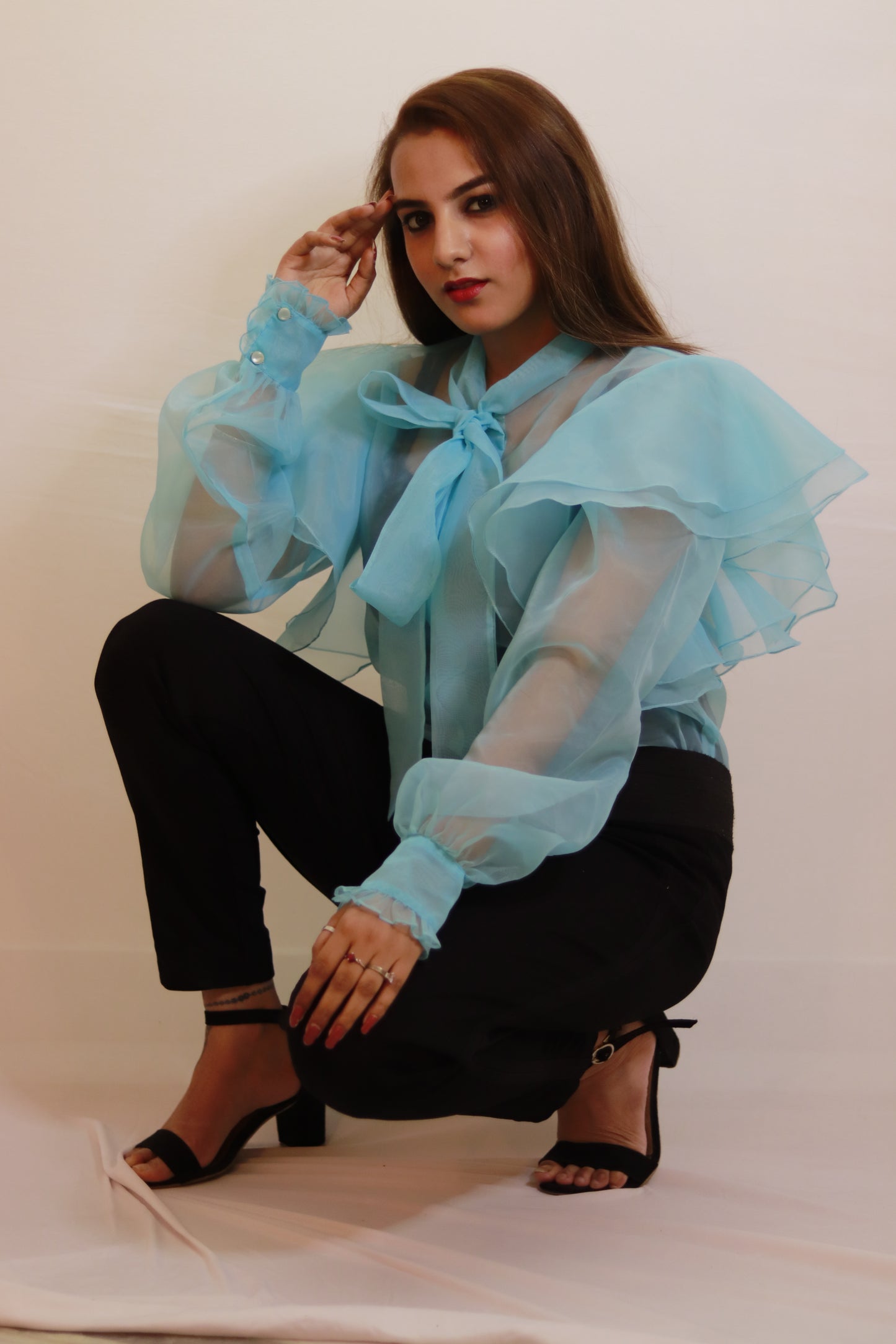 Sky Whisper Organza Bow Top with Layered Ruffle Sleeves
