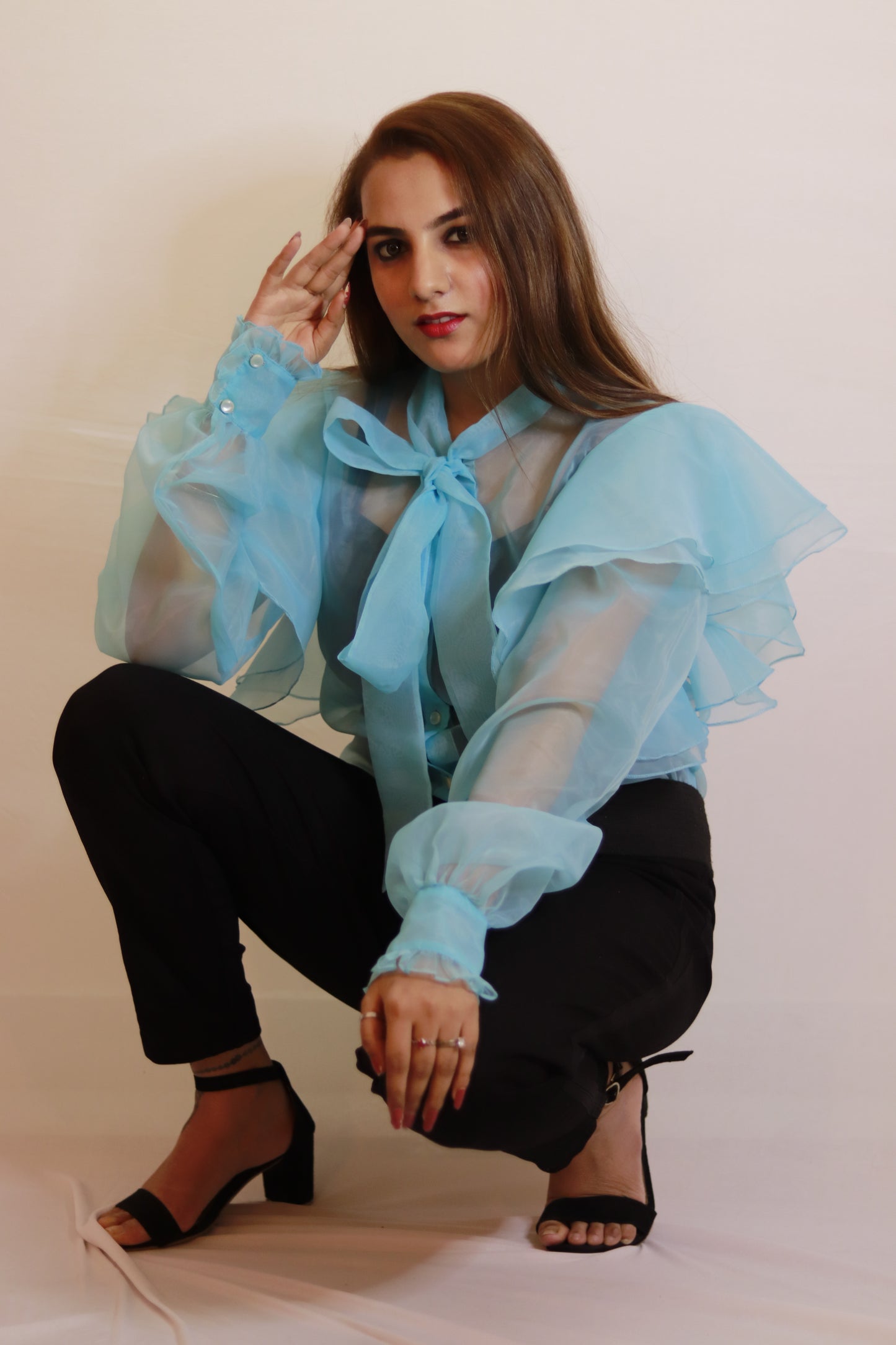 Sky Whisper Organza Bow Top with Layered Ruffle Sleeves