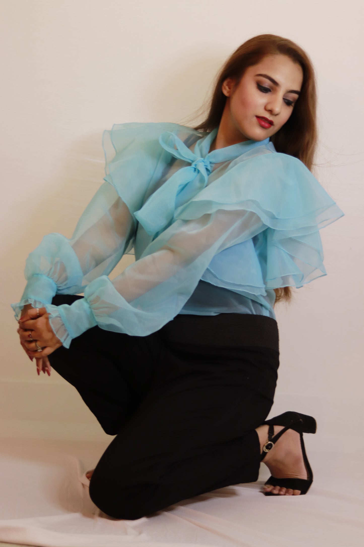 Sky Whisper Organza Bow Top with Layered Ruffle Sleeves