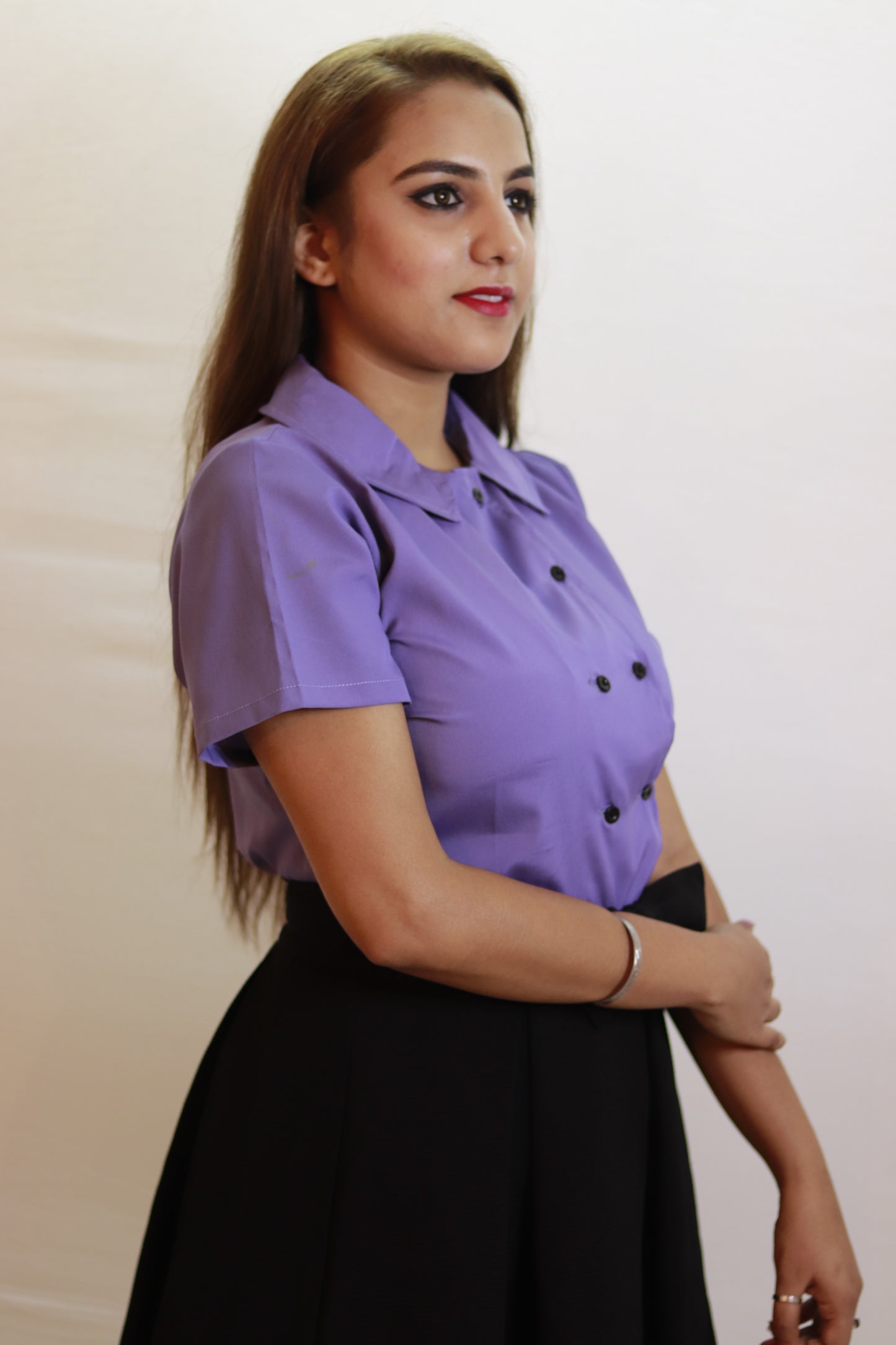 Lilac Mood - Designer Top for Women | Double-Breasted Short Sleeve Shirt | Mystique Closet