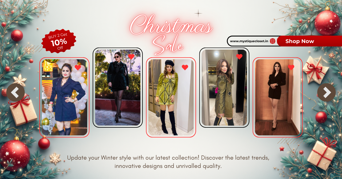 Christmas sale with fashion models and decorative elements.