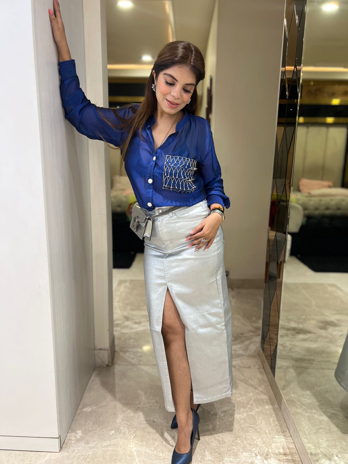 Zunaira - Royal Blue Embroidered Crepe Shirt for Women | Designer Pocket Shirt – Stylish & Elegant | 3D Embroidery