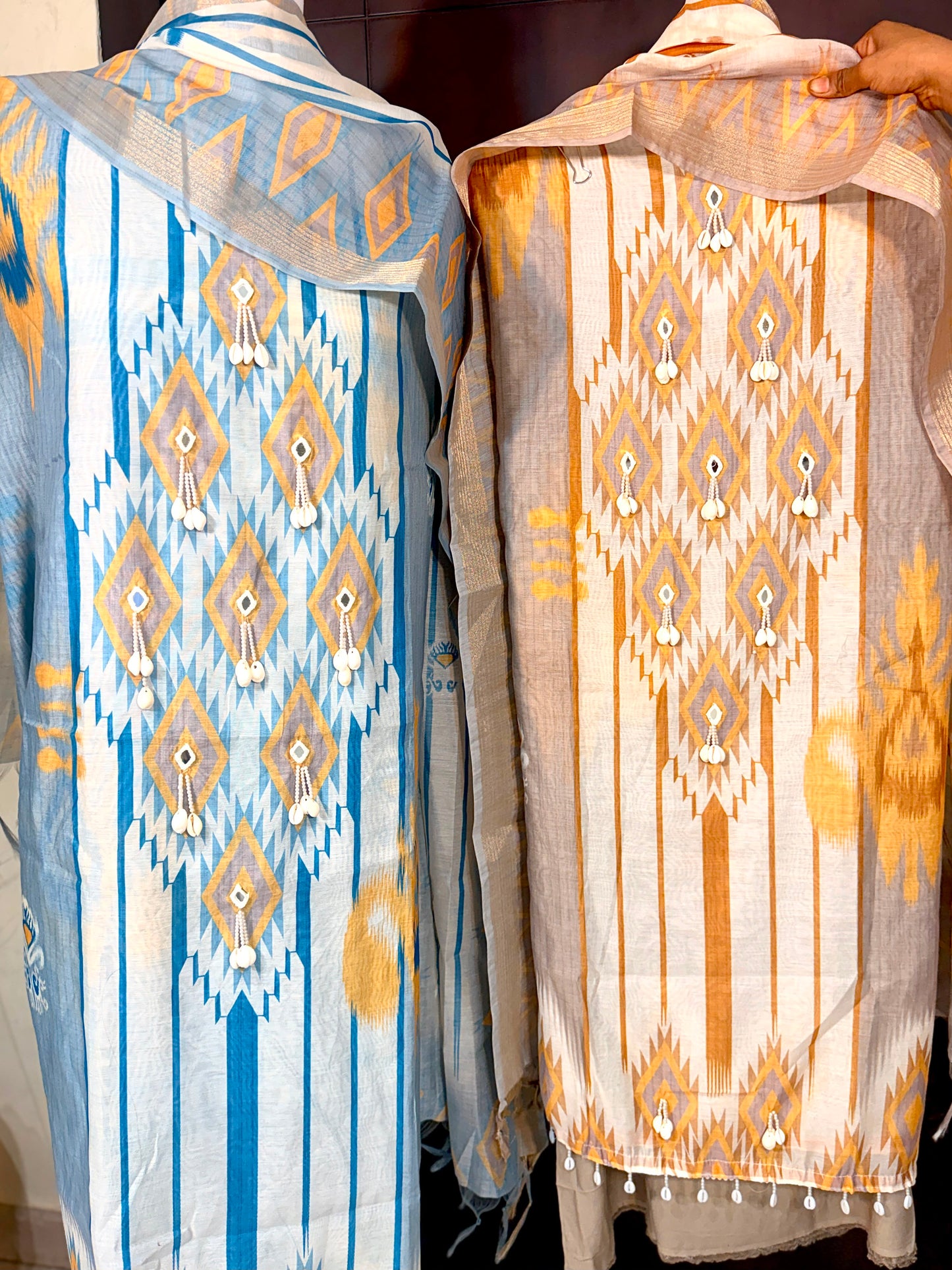 IKAT MUSE– Ikat Print Unstitched Suit Set with Shell & Mirror Detailing