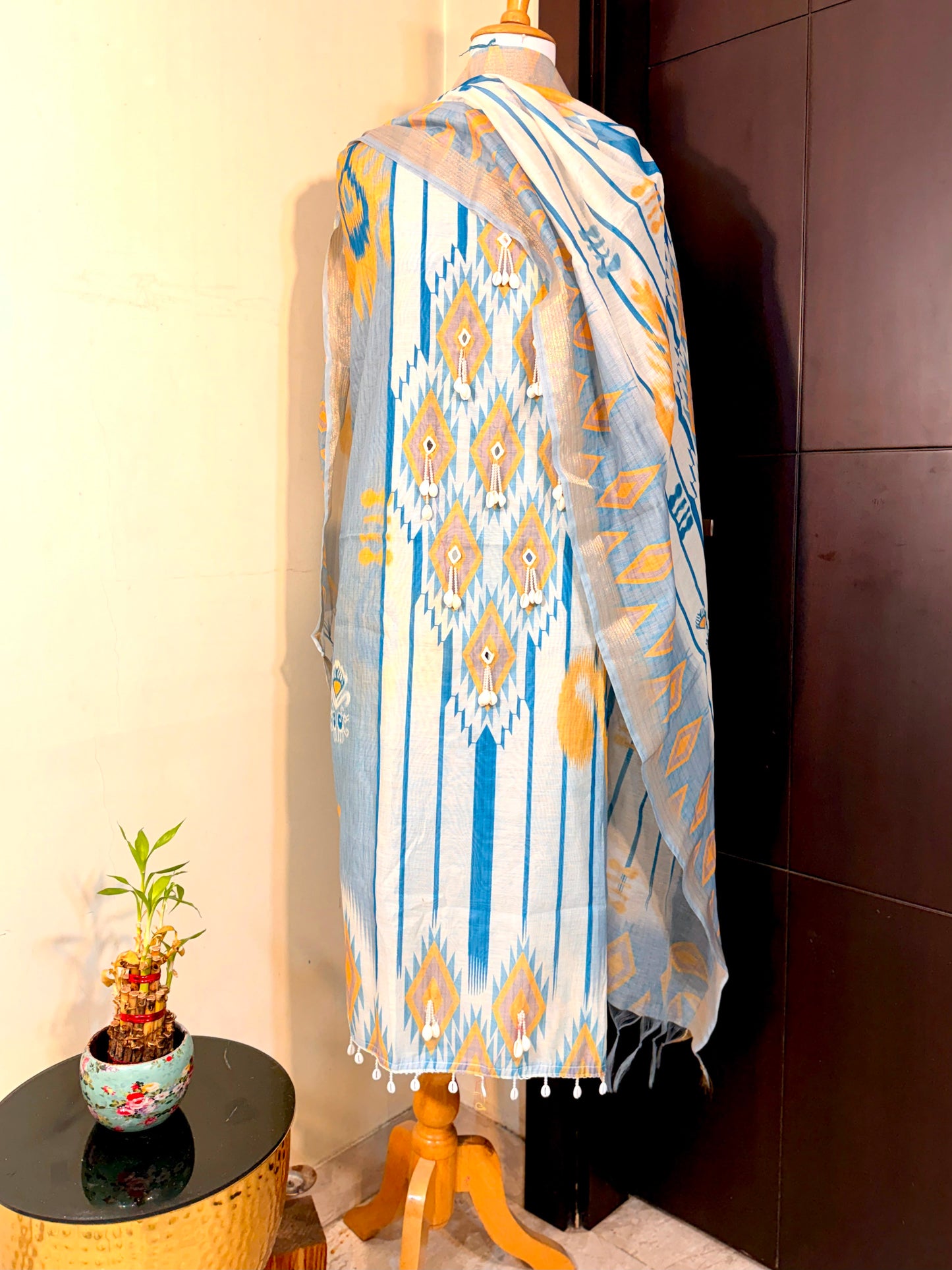 IKAT MUSE– Ikat Print Unstitched Suit Set with Shell & Mirror Detailing